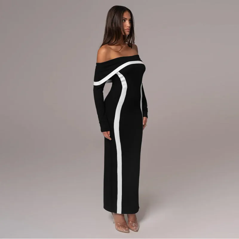 Off Shoulder Contrasting Taping Fitted Dress