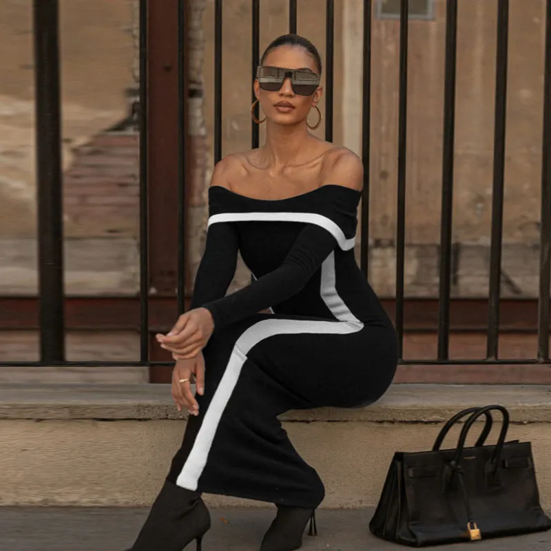Off Shoulder Contrasting Taping Fitted Dress