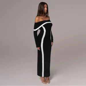 Off Shoulder Contrasting Taping Fitted Dress