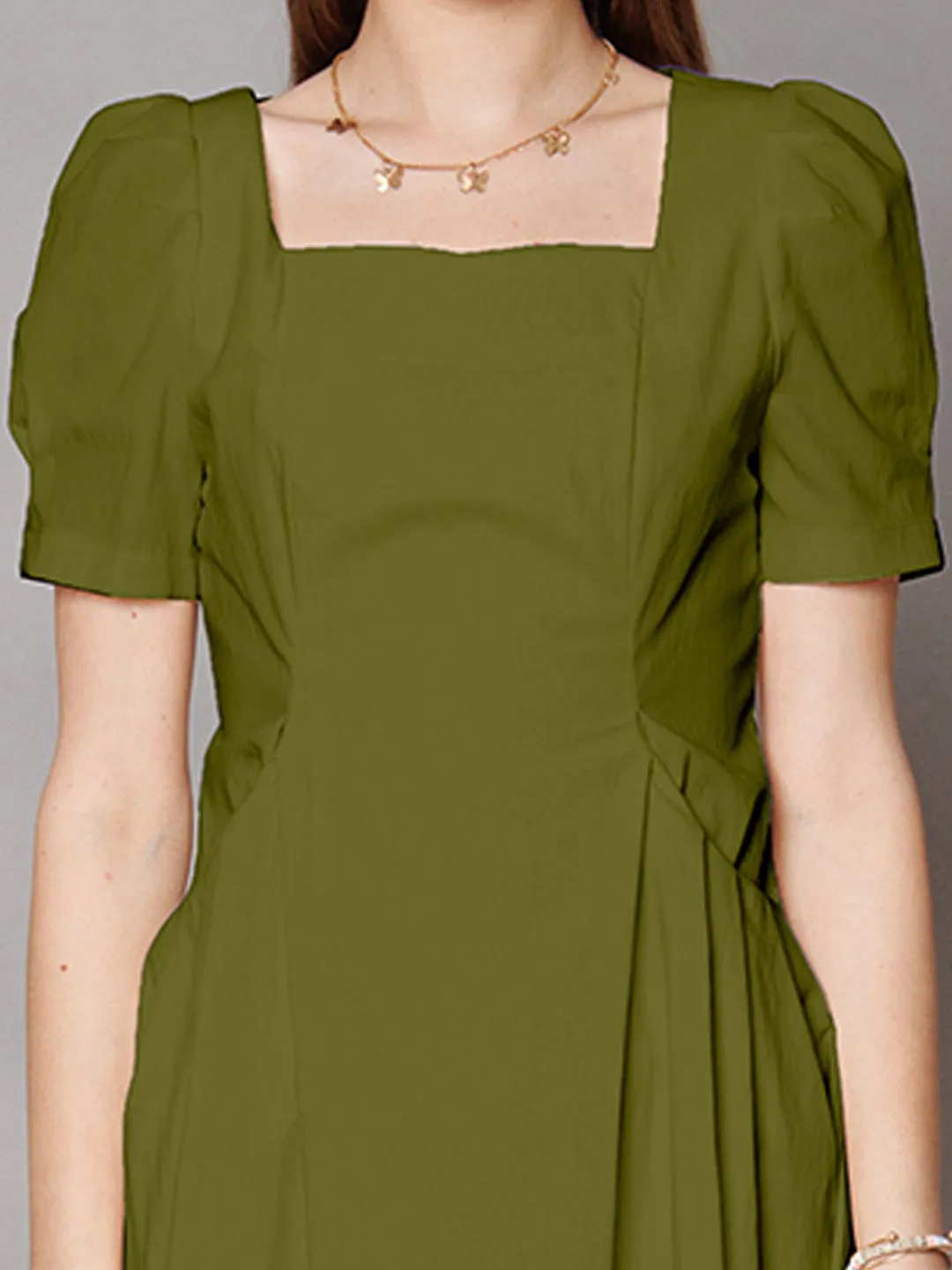 Olive Green Solid A-Line Midi Dress