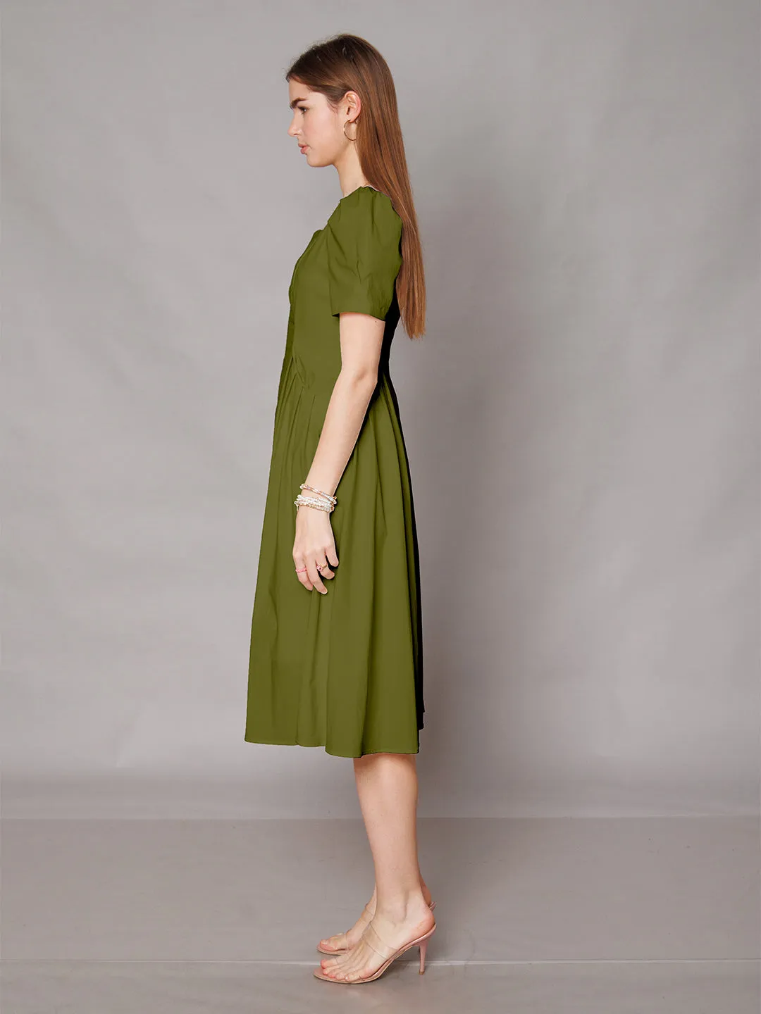 Olive Green Solid A-Line Midi Dress