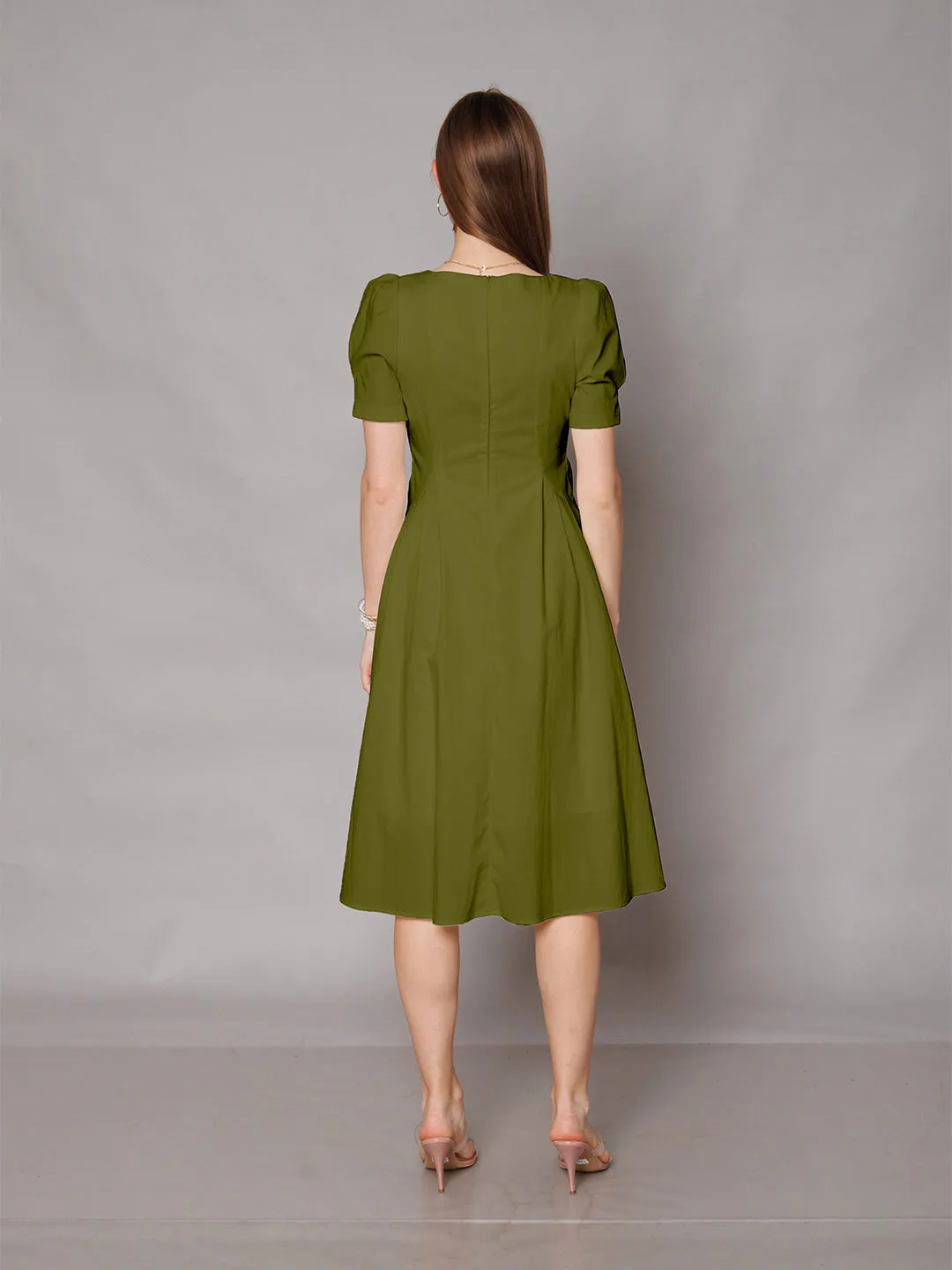 Olive Green Solid A-Line Midi Dress