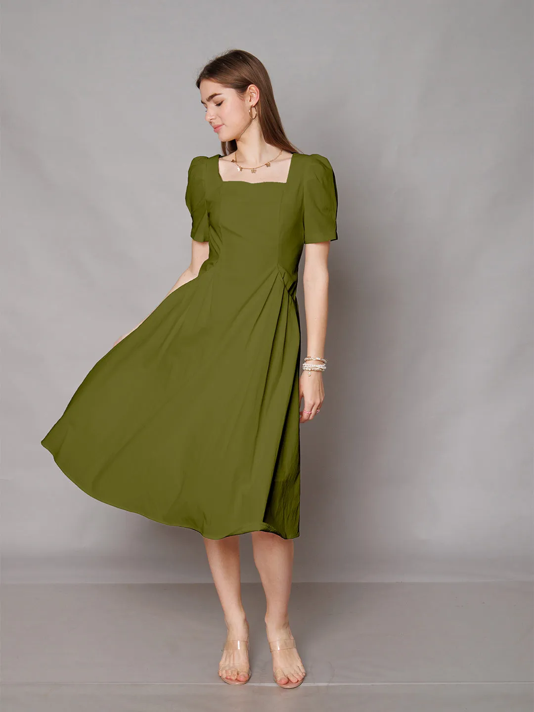 Olive Green Solid A-Line Midi Dress