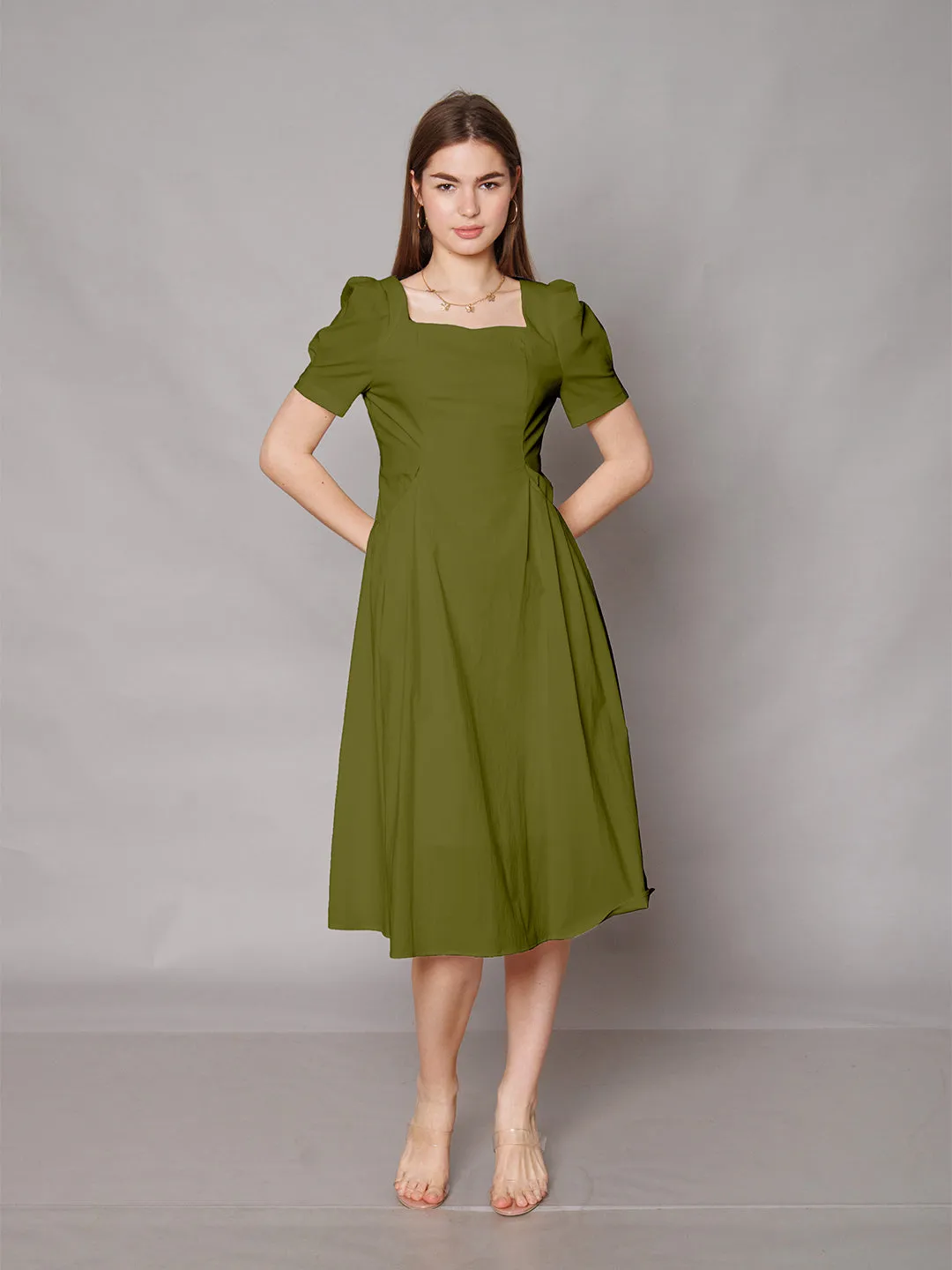 Olive Green Solid A-Line Midi Dress