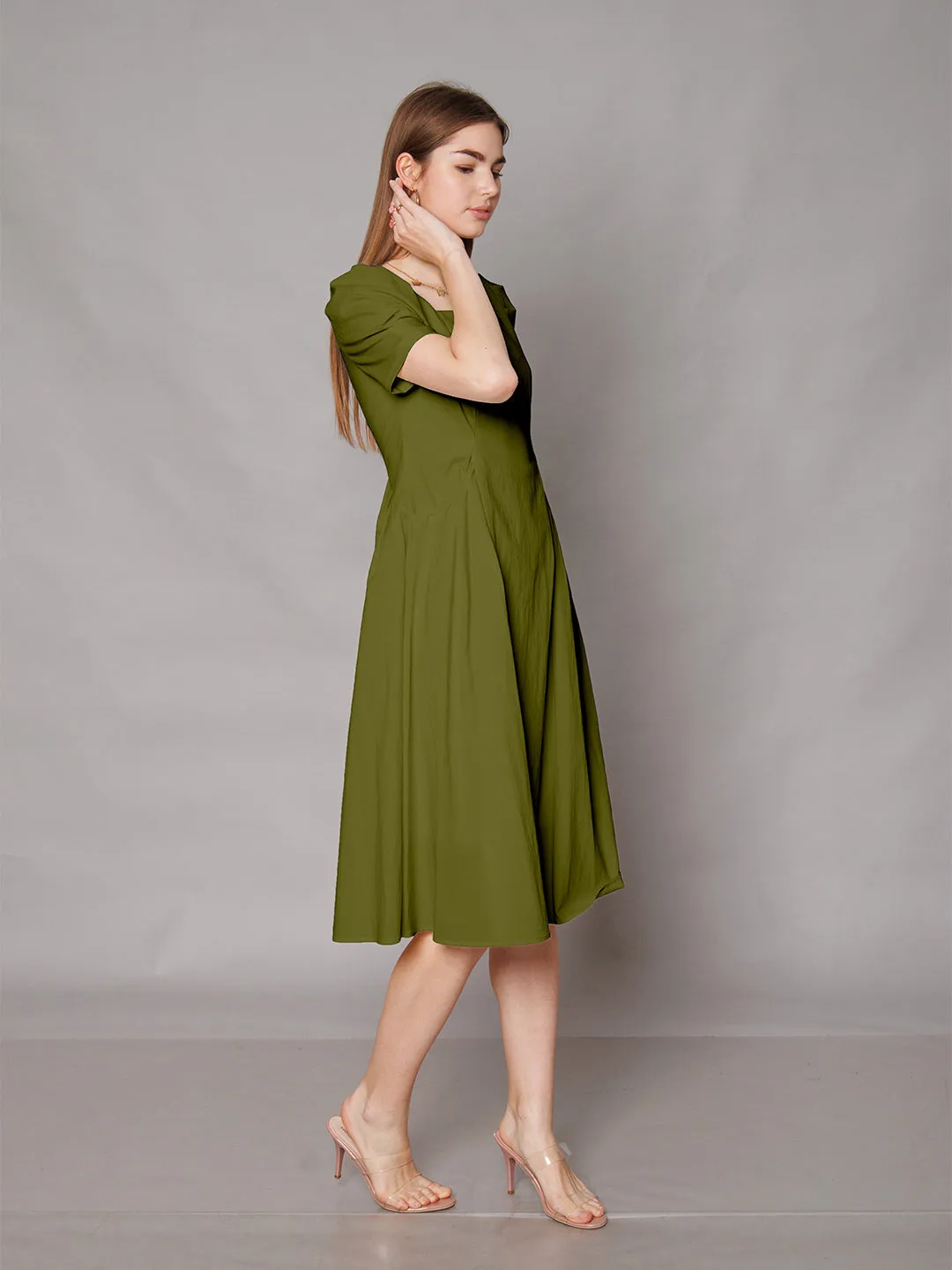 Olive Green Solid A-Line Midi Dress