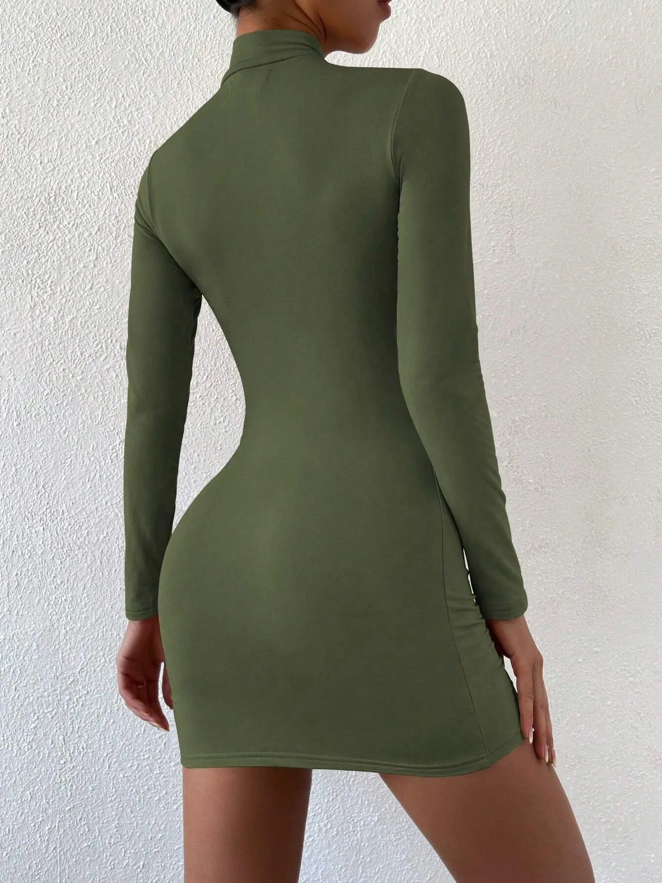 Olive Solid High Neck Fitted Mini Dress