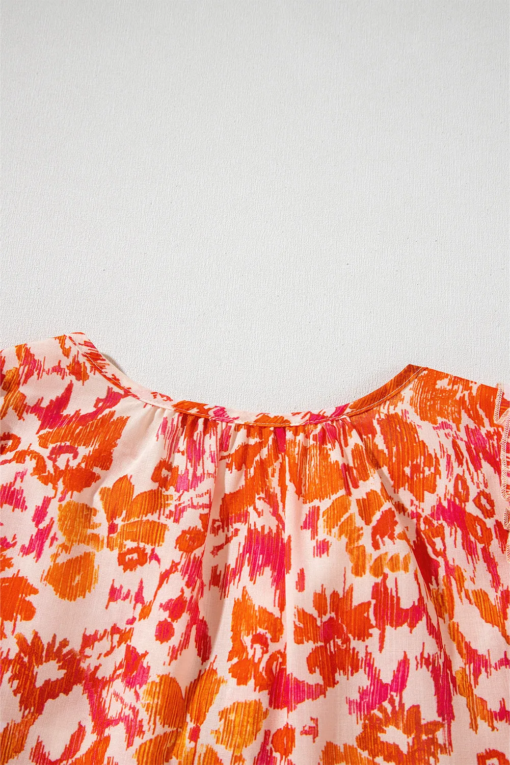 Orange Floral Print Ruffled Short Puff Sleeve Split Neck Blouse