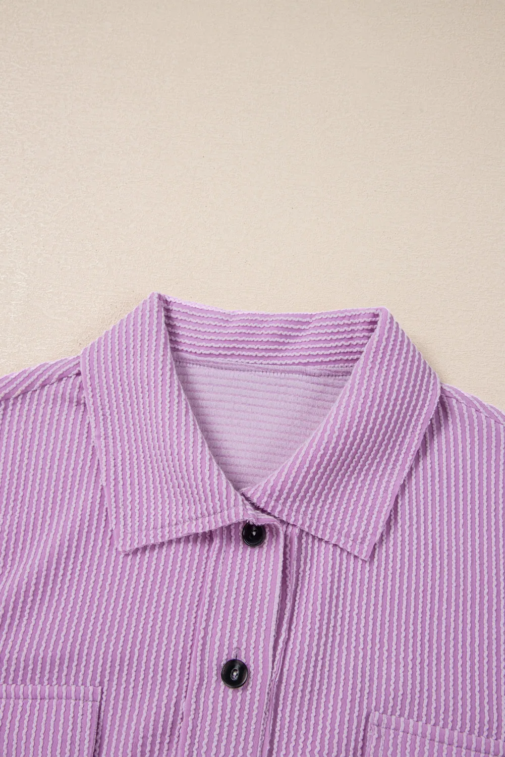 Orchid Bouquet Corded Flap Pocket Collared Buttoned Short Sleeve Blouse