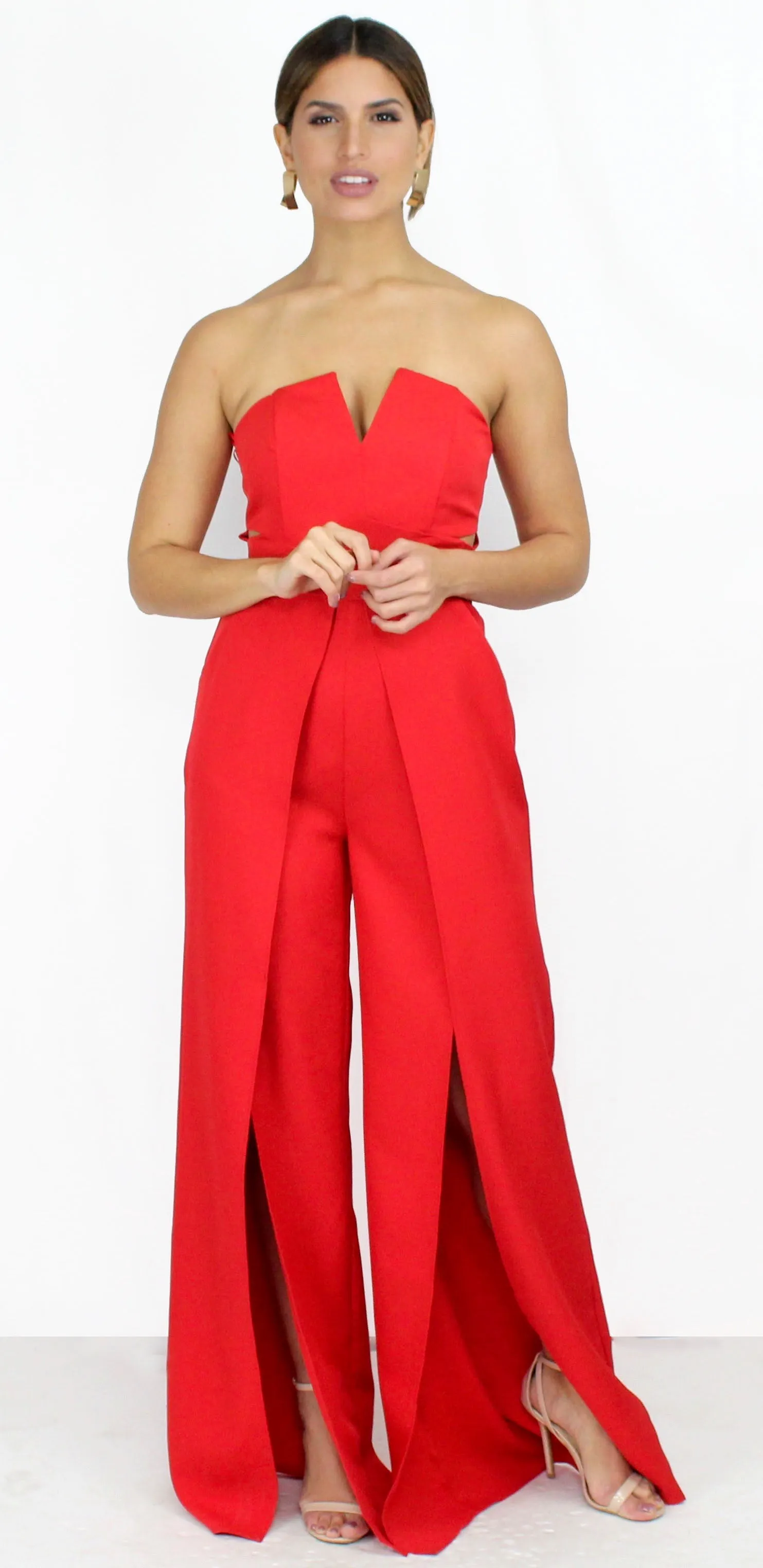Pieces of Me Red Strapless Jumpsuit