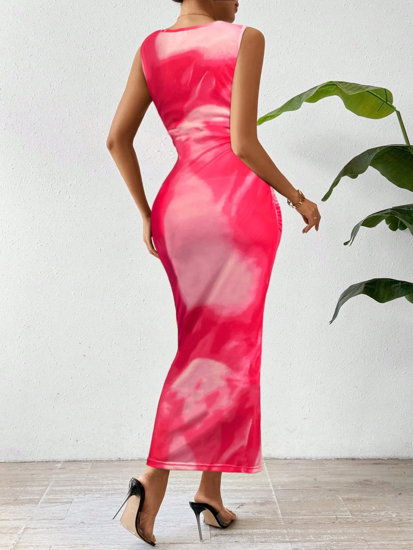 Pink Fitted Midi Dress With Side Ruching Detail