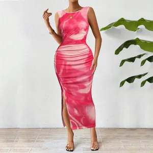 Pink Fitted Midi Dress With Side Ruching Detail