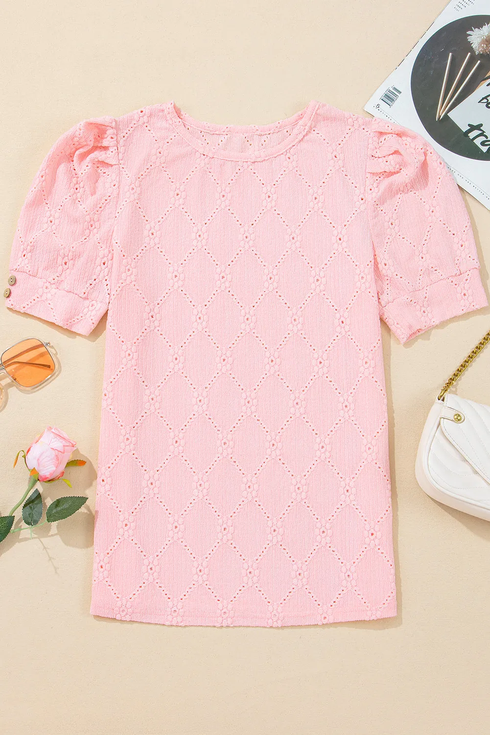 Pink Flower Geometric Textured Button Short Sleeve Top