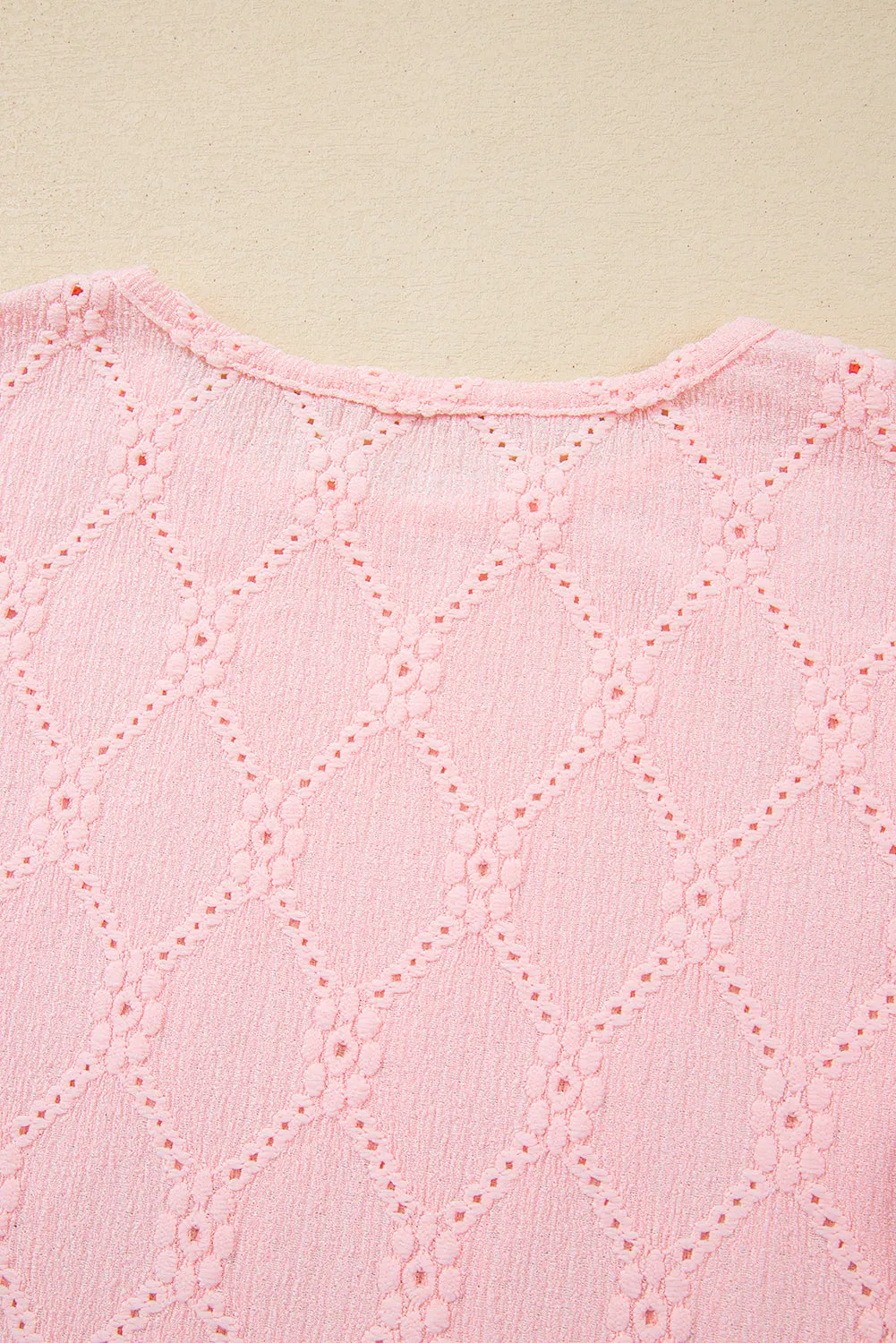 Pink Flower Geometric Textured Button Short Sleeve Top