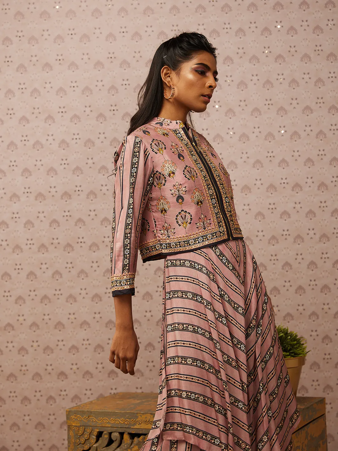 Pink Sarouk Printed Layered Jumpsuit With Jacket