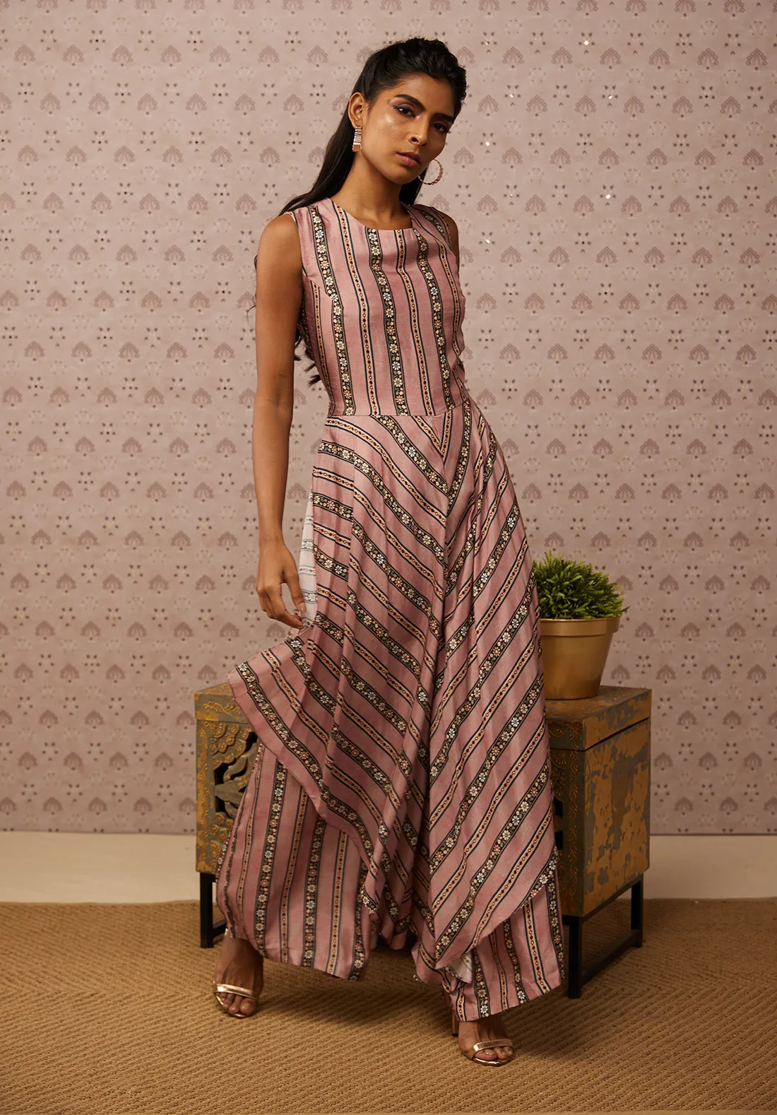 Pink Sarouk Printed Layered Jumpsuit With Jacket
