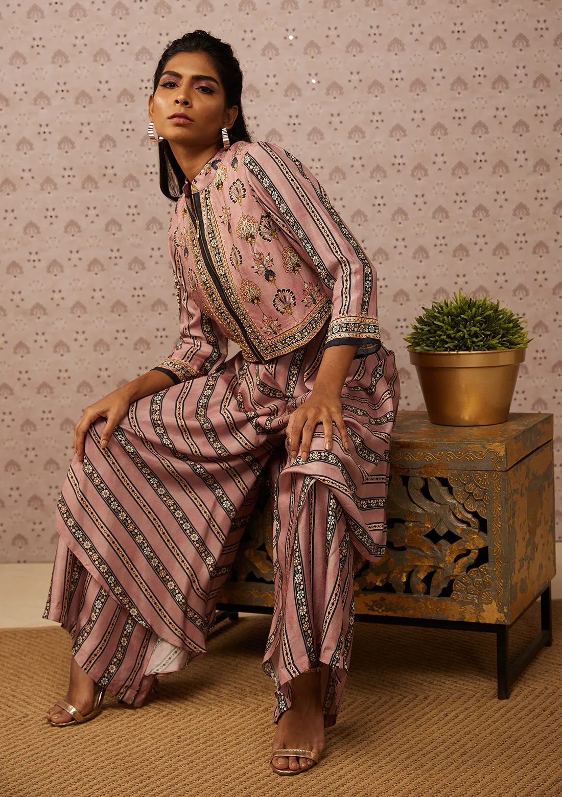 Pink Sarouk Printed Layered Jumpsuit With Jacket