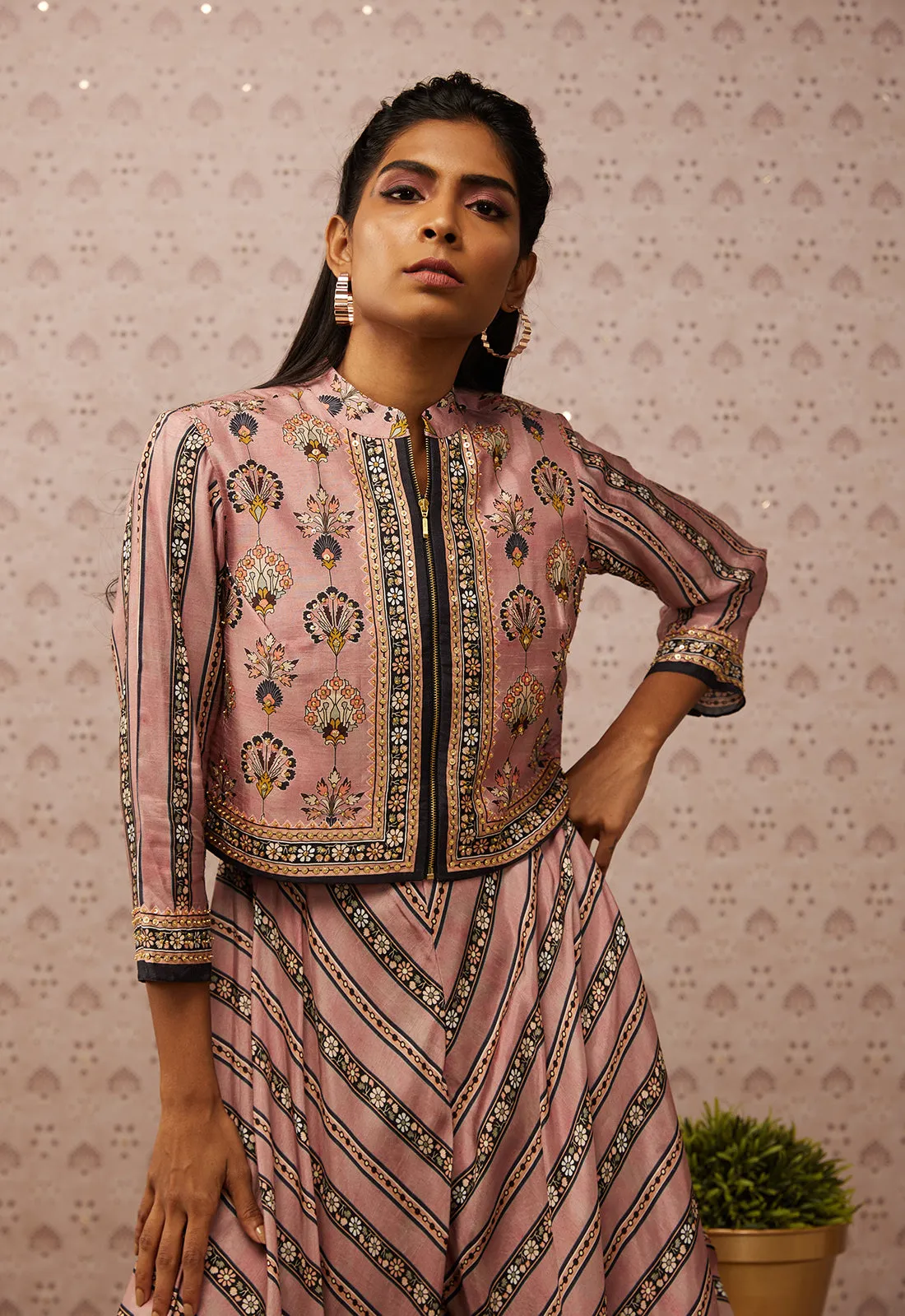 Pink Sarouk Printed Layered Jumpsuit With Jacket