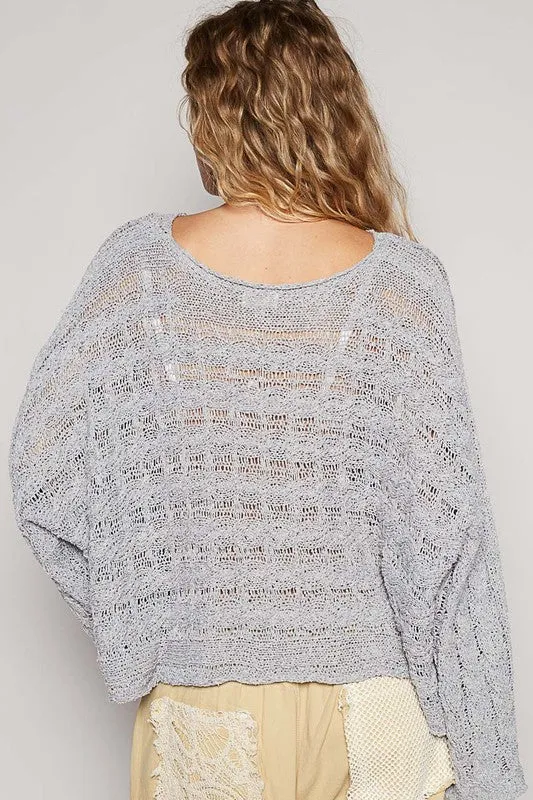 POL Cable-Knit Openwork Round Neck Cropped Knit Top