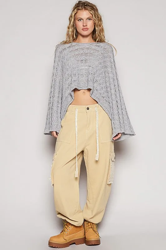 POL Cable-Knit Openwork Round Neck Cropped Knit Top