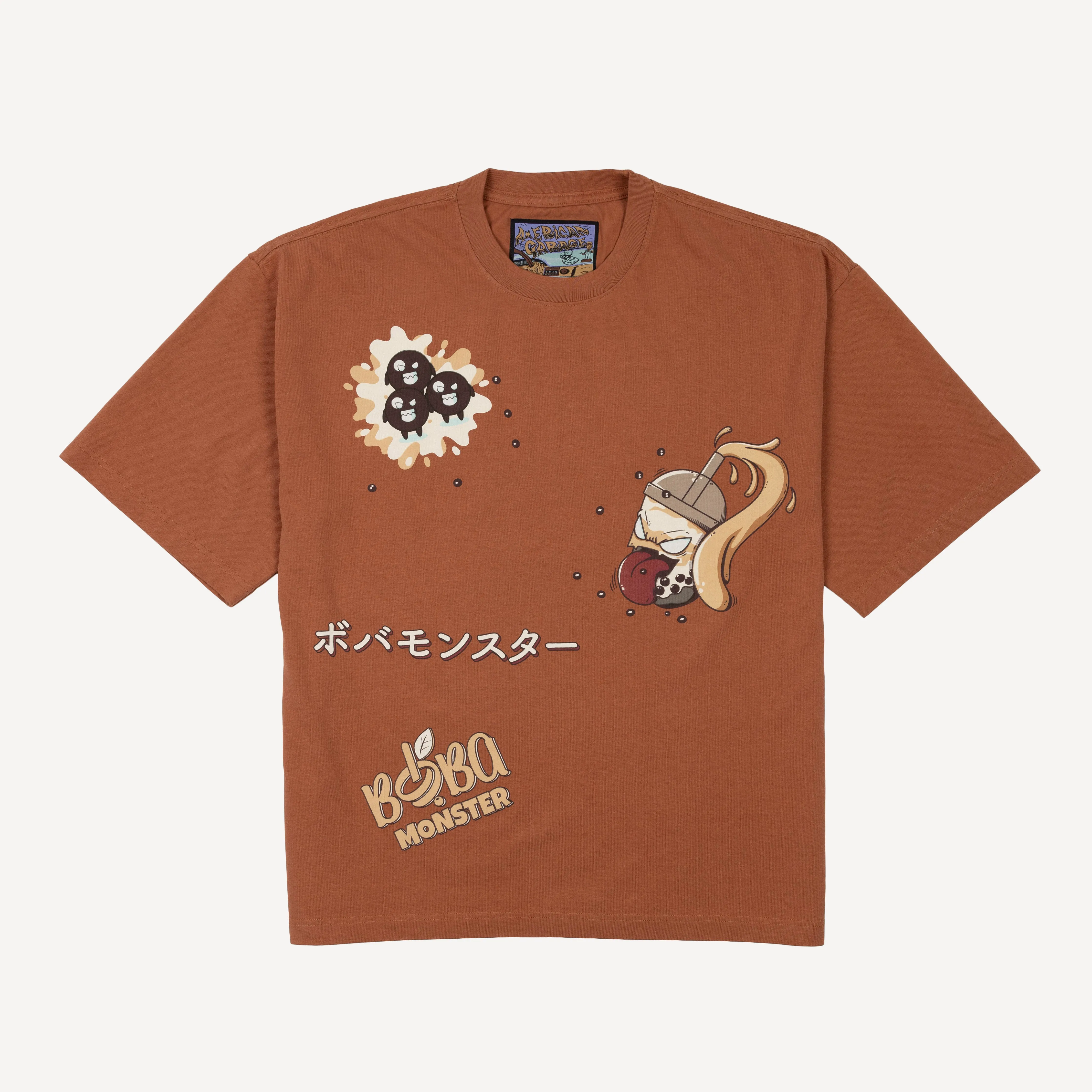 Premium Heavy Cotton Boxy Fit Discharge Print Tee - Amber Brown / Boba Monster