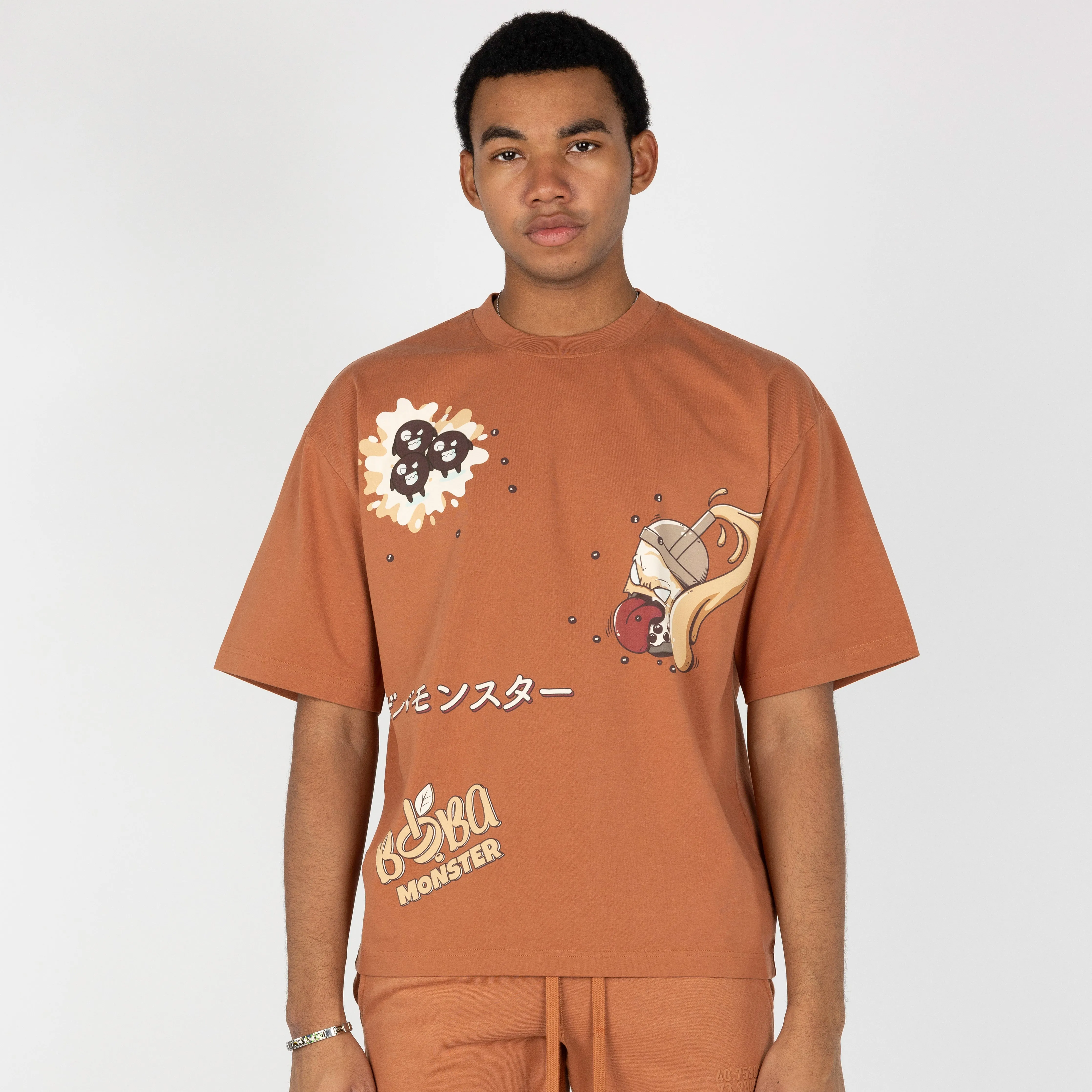Premium Heavy Cotton Boxy Fit Discharge Print Tee - Amber Brown / Boba Monster