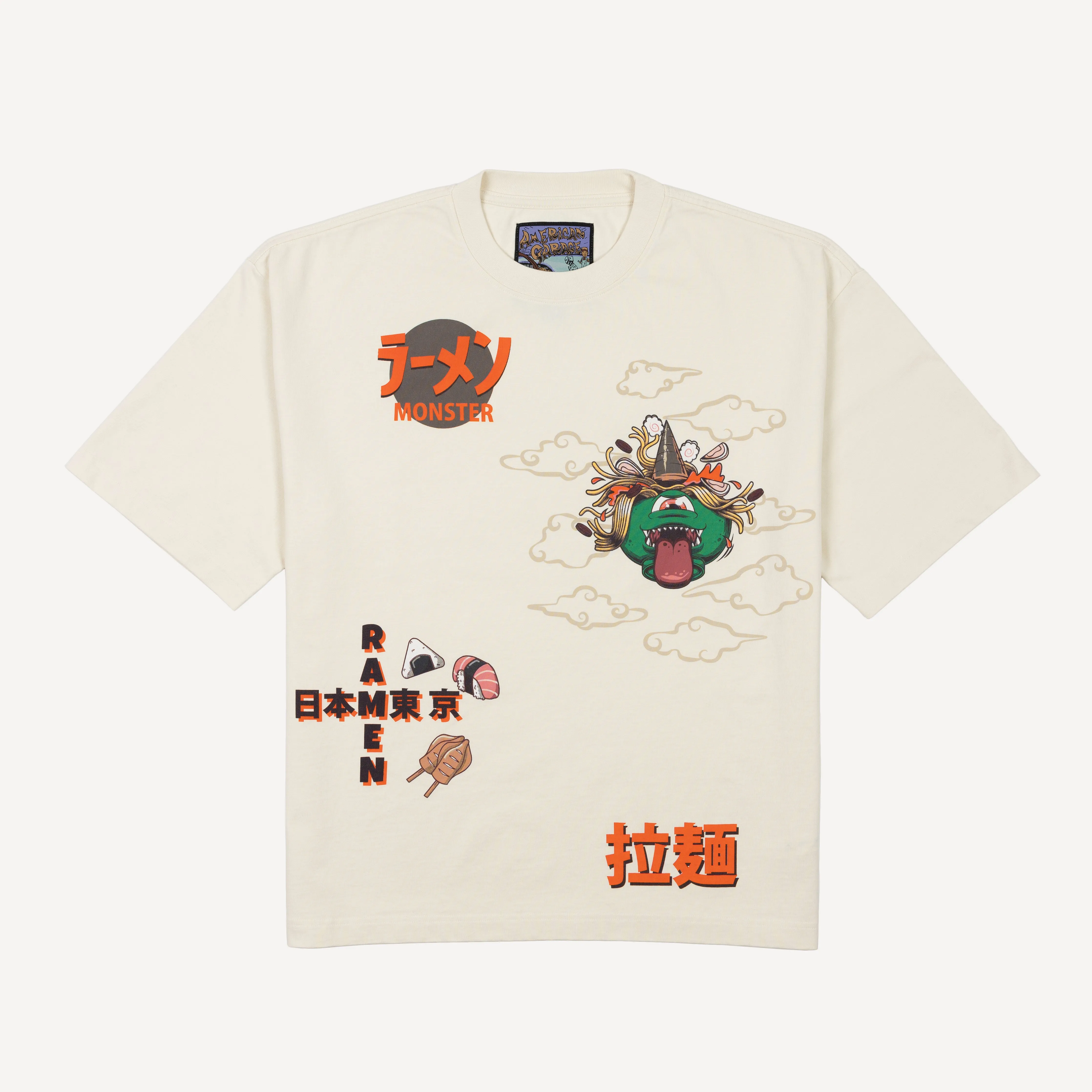 Premium Heavy Cotton Boxy Fit Discharge Print Tee - Babys Breath / Ramen Monster