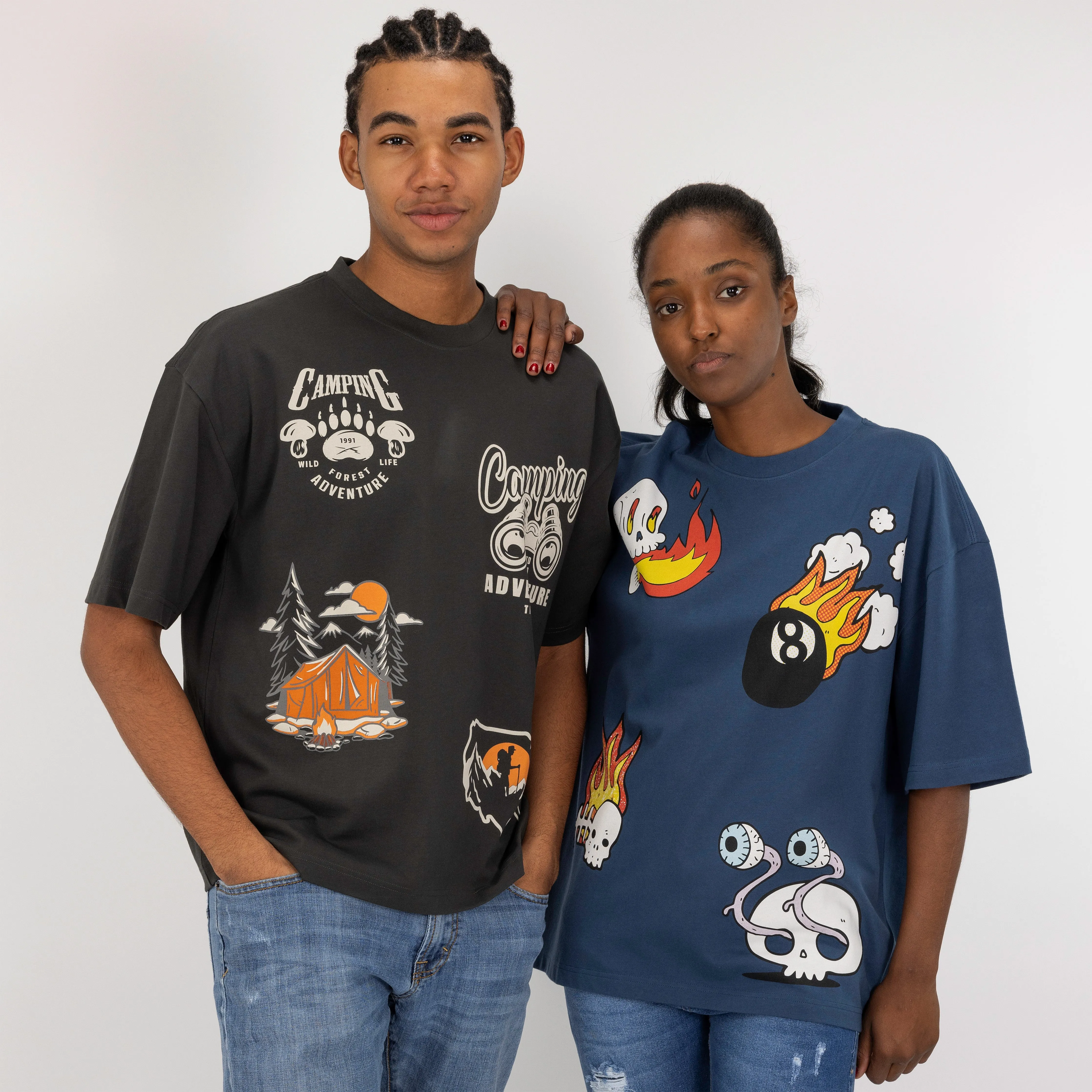 Premium Heavy Cotton Boxy Fit Discharge Print Tee - Beluga / Camping Adventure