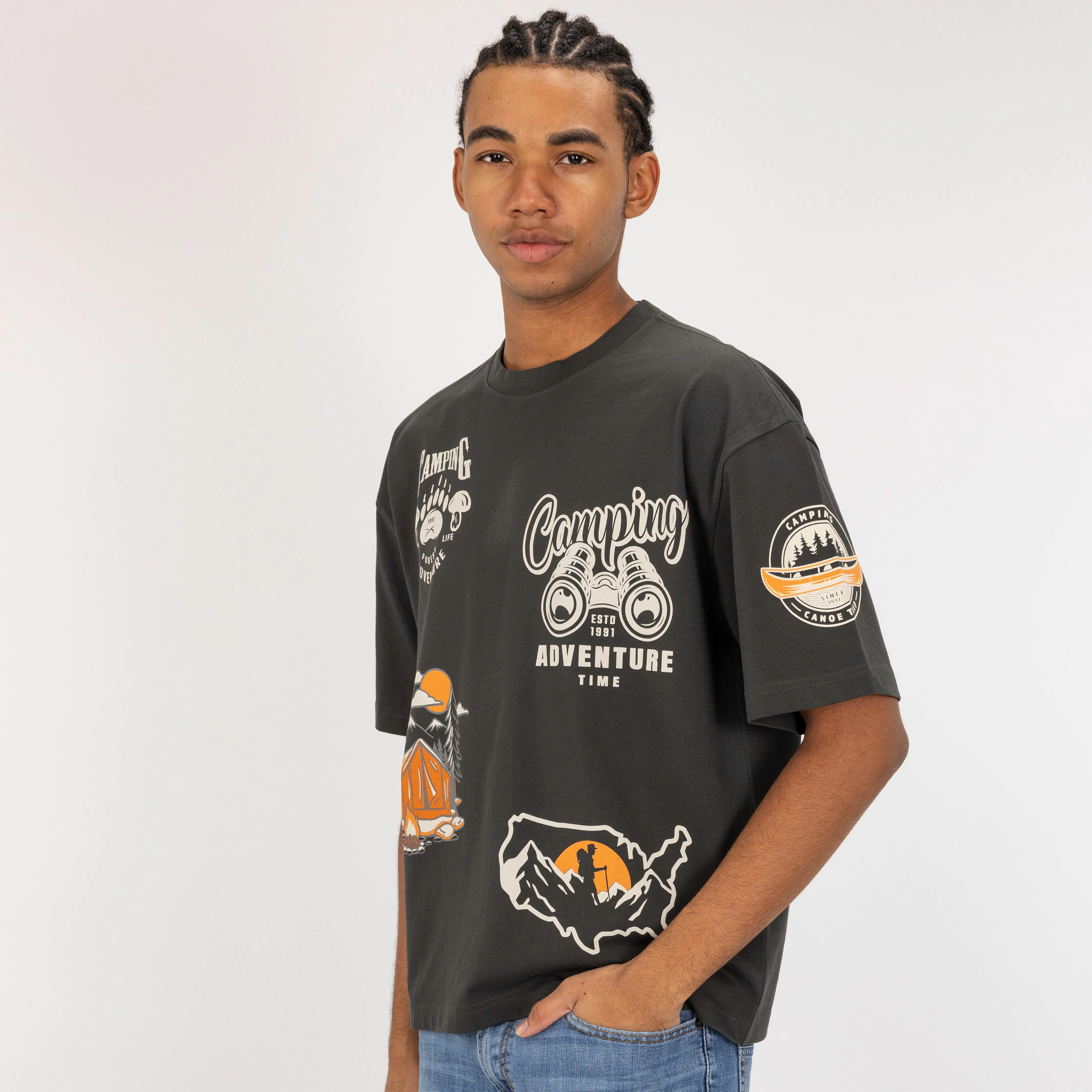 Premium Heavy Cotton Boxy Fit Discharge Print Tee - Beluga / Camping Adventure