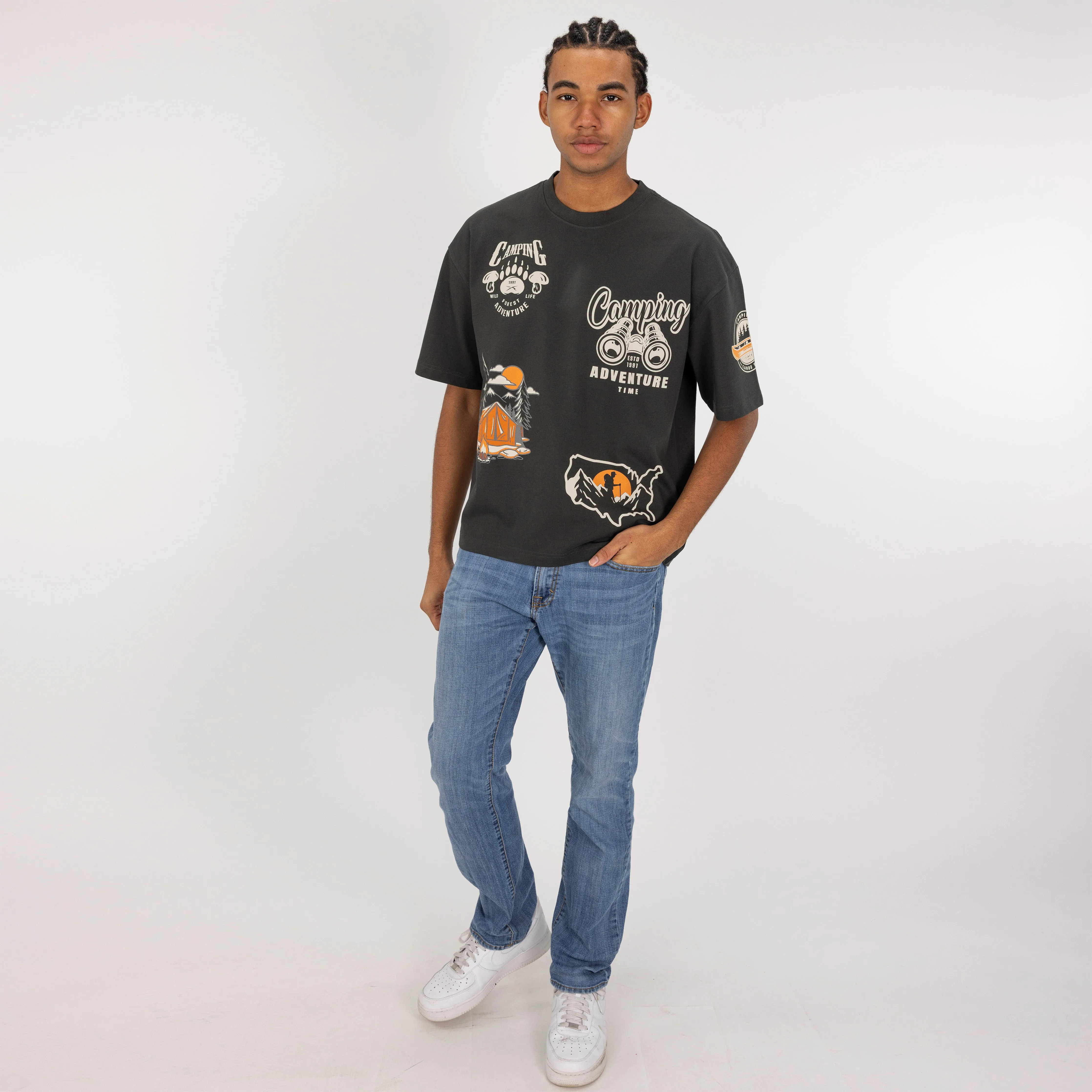 Premium Heavy Cotton Boxy Fit Discharge Print Tee - Beluga / Camping Adventure