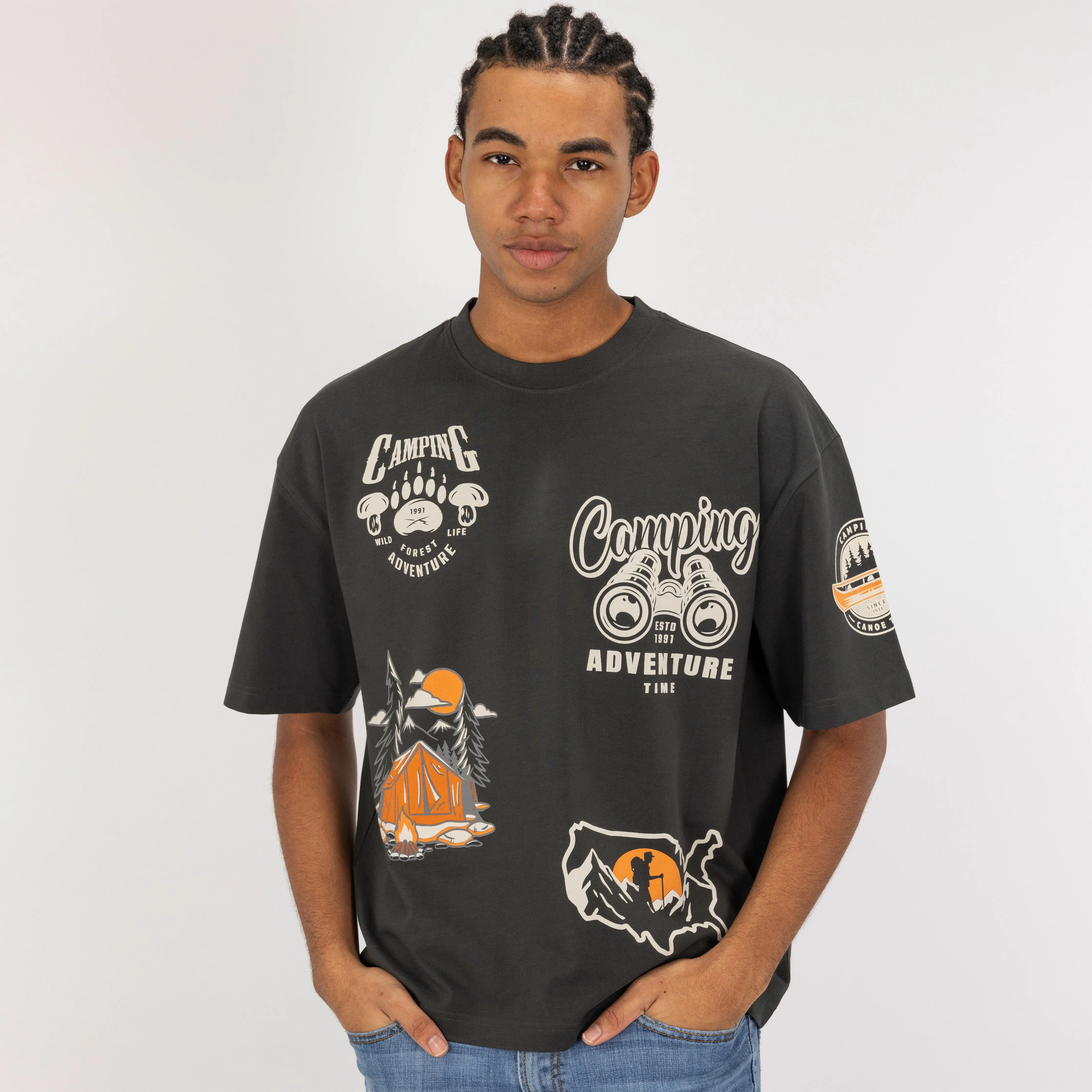 Premium Heavy Cotton Boxy Fit Discharge Print Tee - Beluga / Camping Adventure