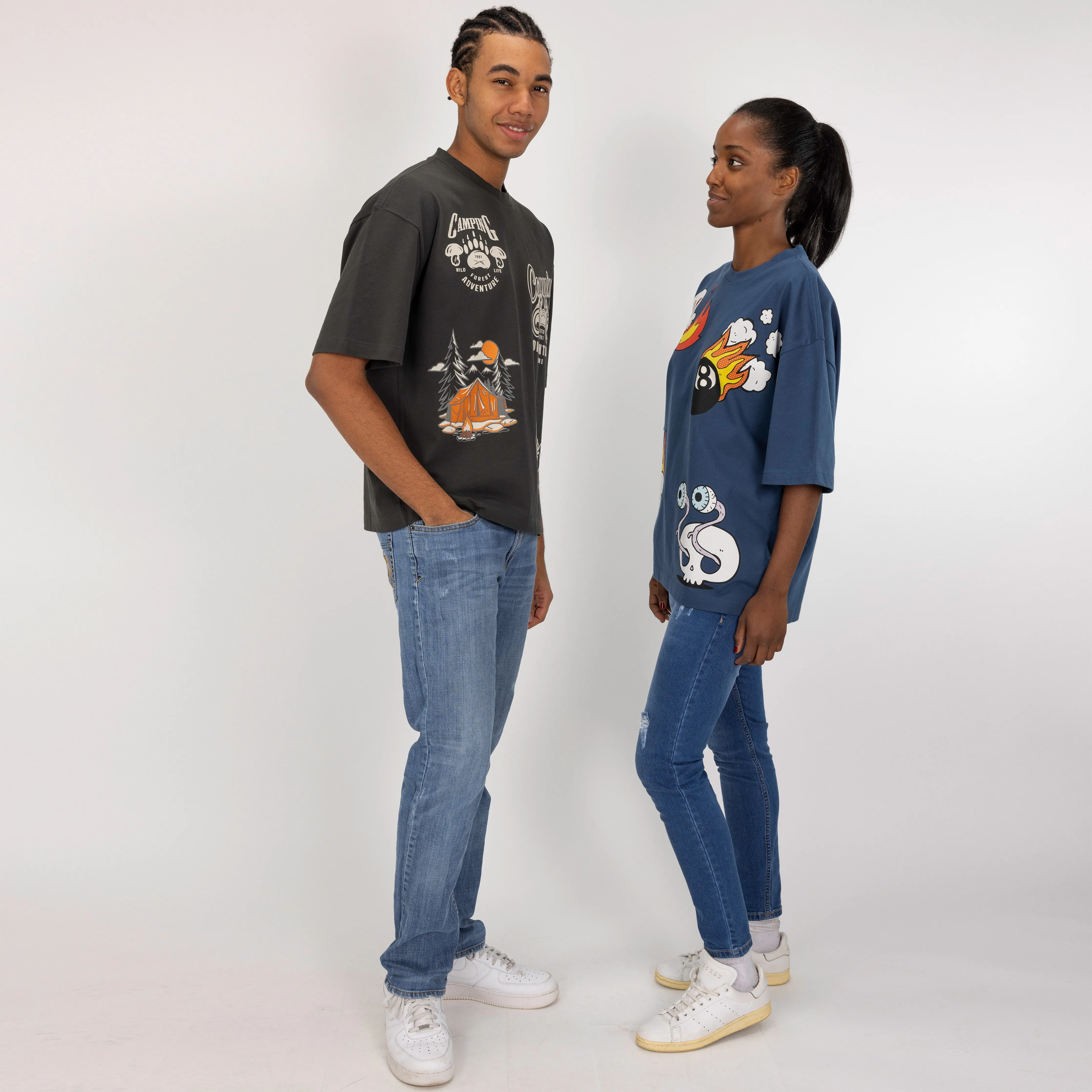 Premium Heavy Cotton Boxy Fit Discharge Print Tee - Beluga / Camping Adventure