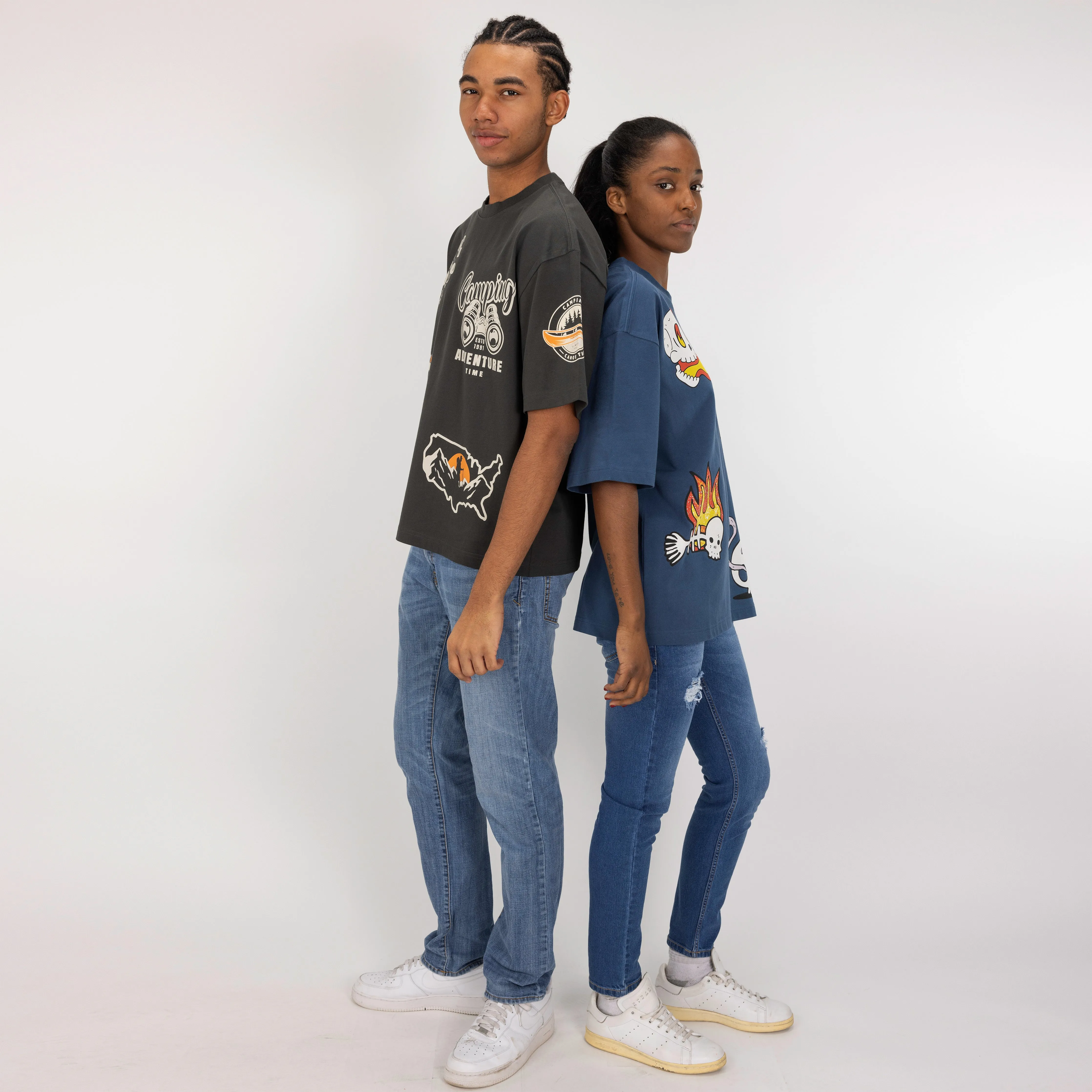 Premium Heavy Cotton Boxy Fit Discharge Print Tee - Beluga / Camping Adventure