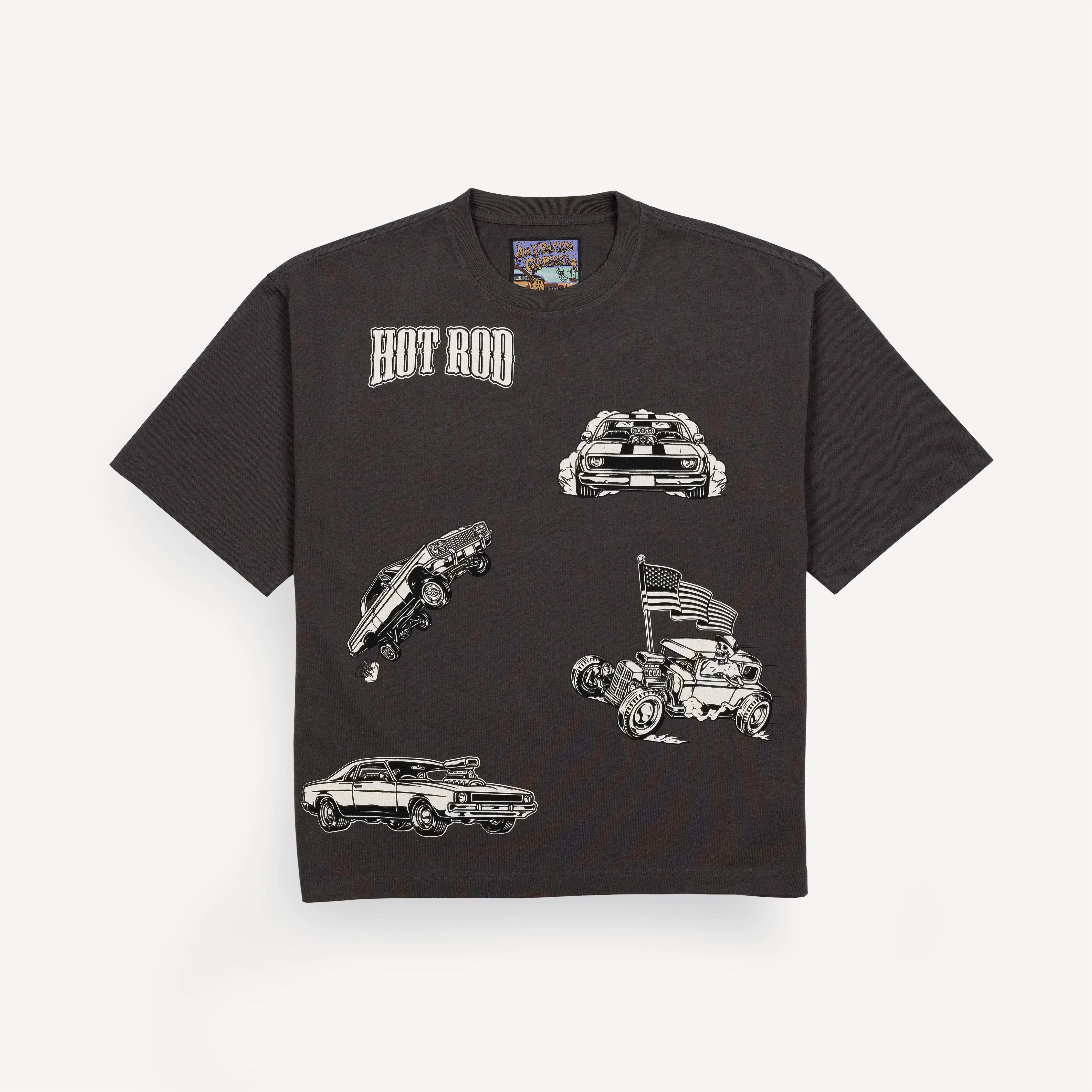 Premium Heavy Cotton Boxy Fit Discharge Print Tee - Beluga / Hot Rod