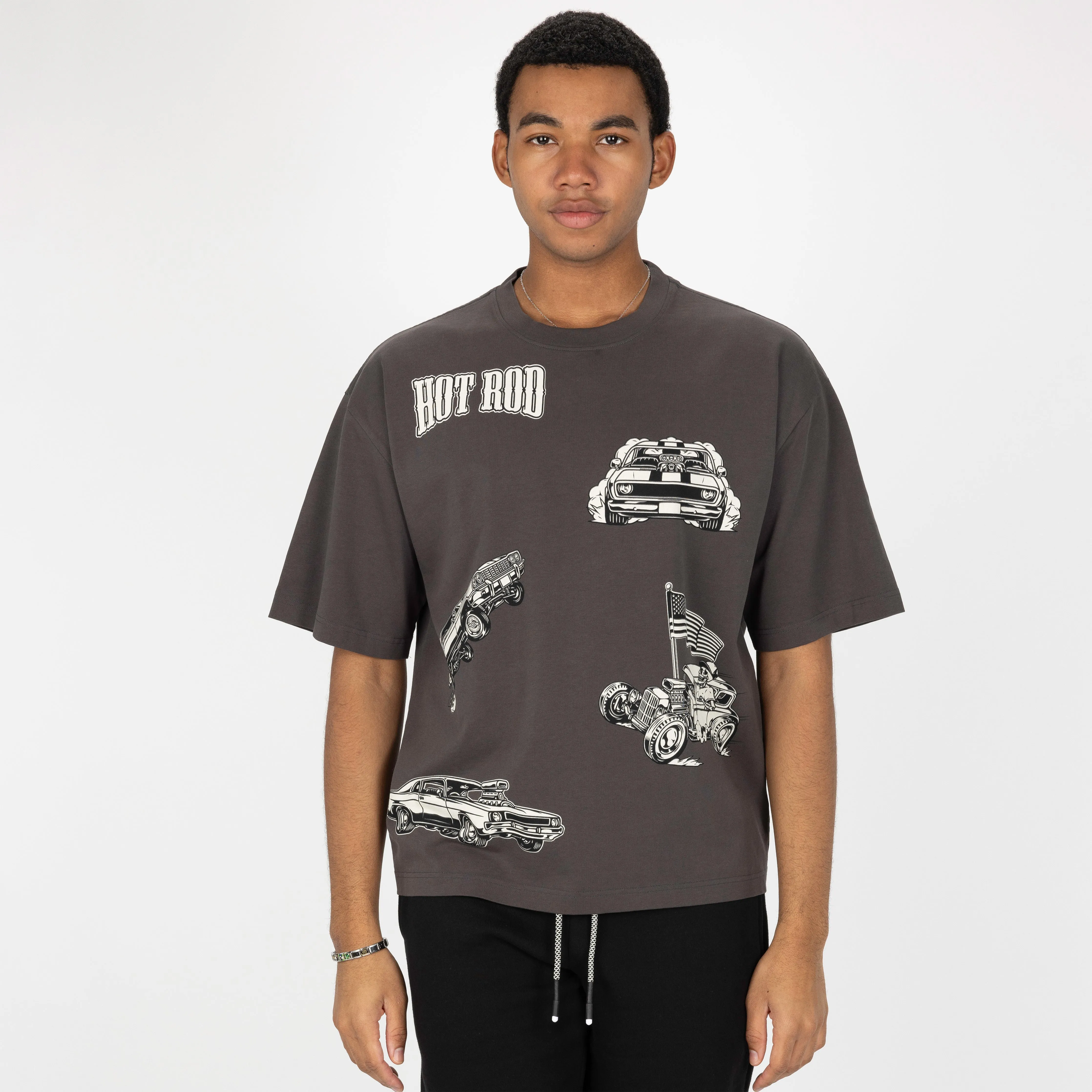 Premium Heavy Cotton Boxy Fit Discharge Print Tee - Beluga / Hot Rod
