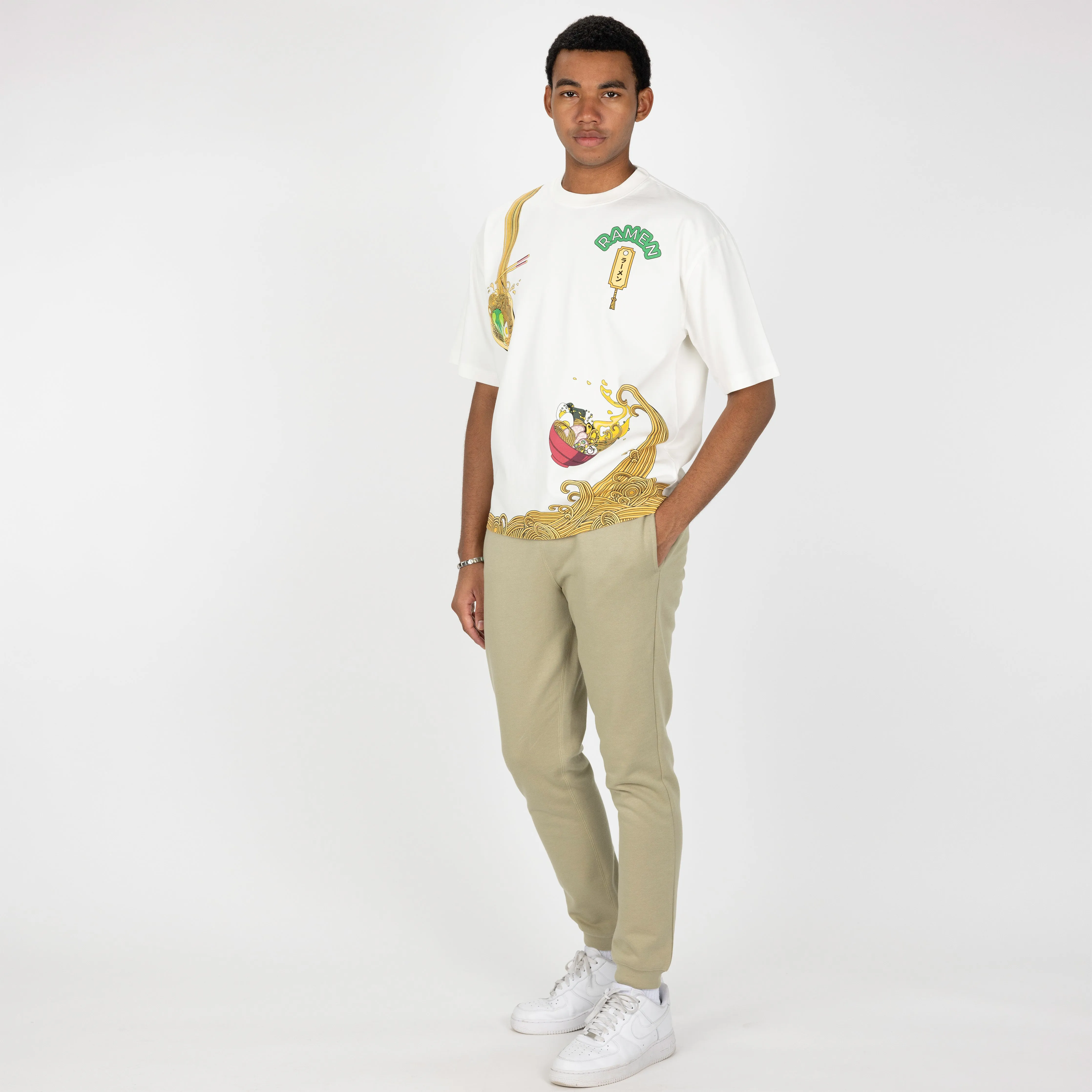 Premium Heavy Cotton Boxy Fit Discharge Print Tee - Bright White / Ramen Noodle