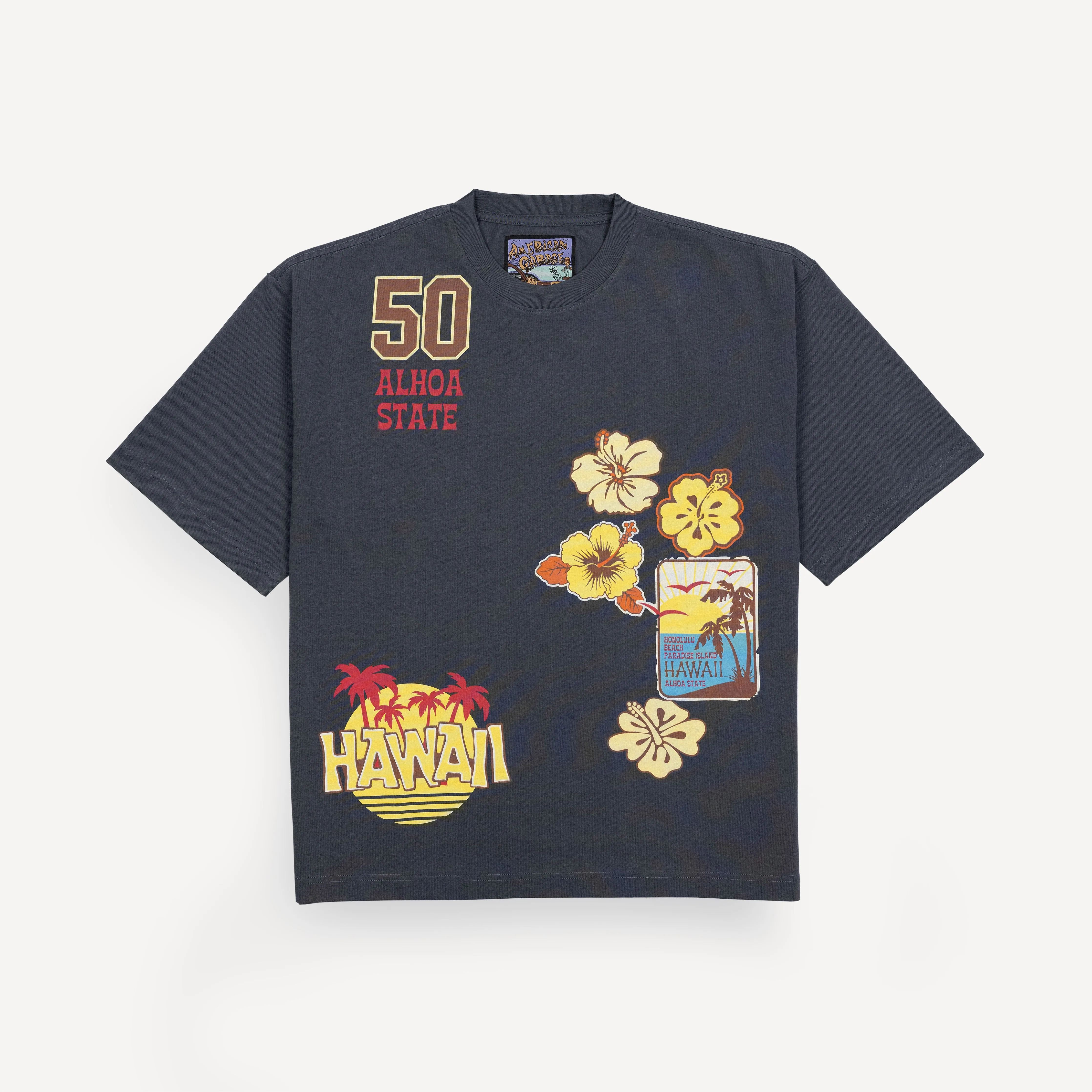 Premium Heavy Cotton Boxy Fit Discharge Print Tee - Dark Slate / Hawaii
