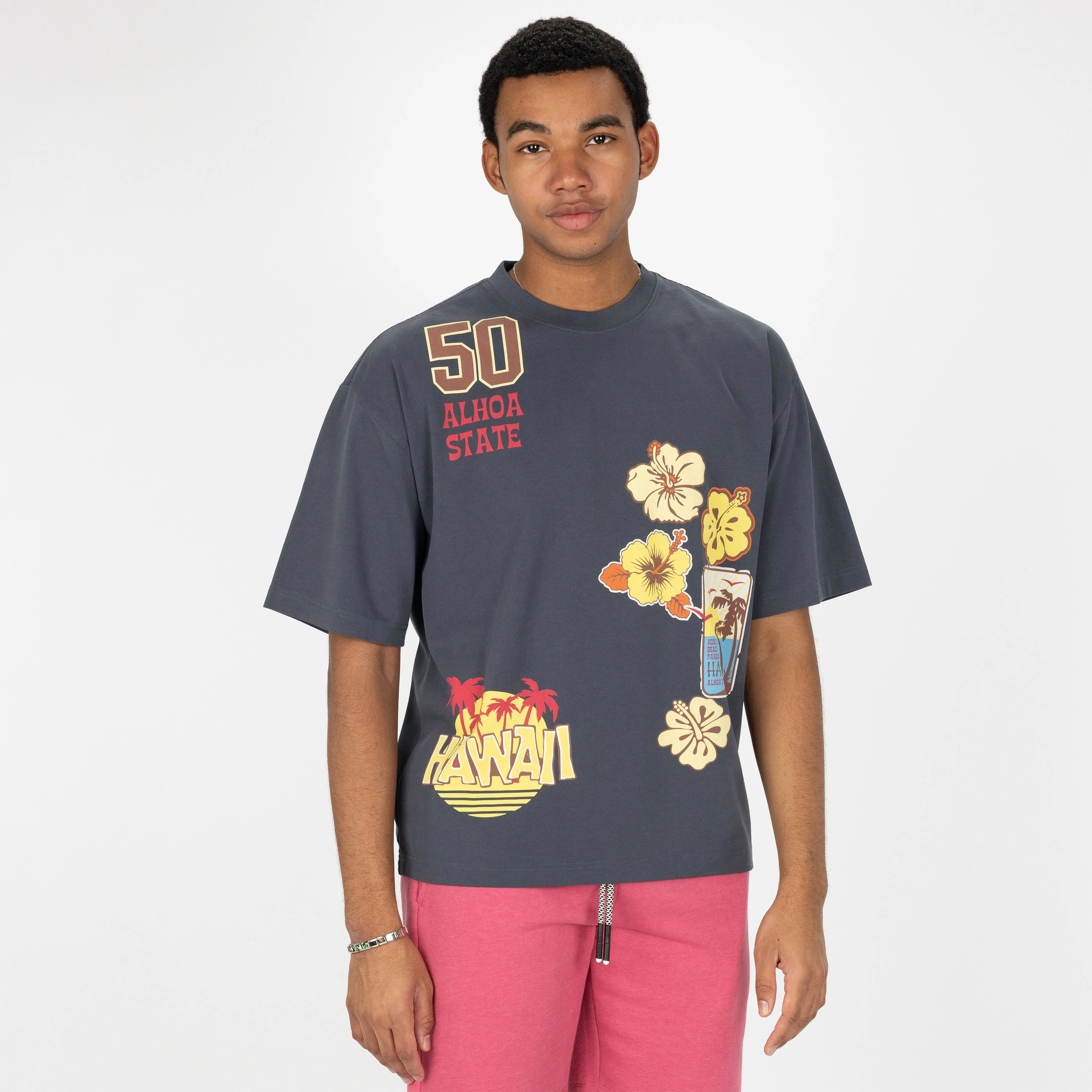 Premium Heavy Cotton Boxy Fit Discharge Print Tee - Dark Slate / Hawaii
