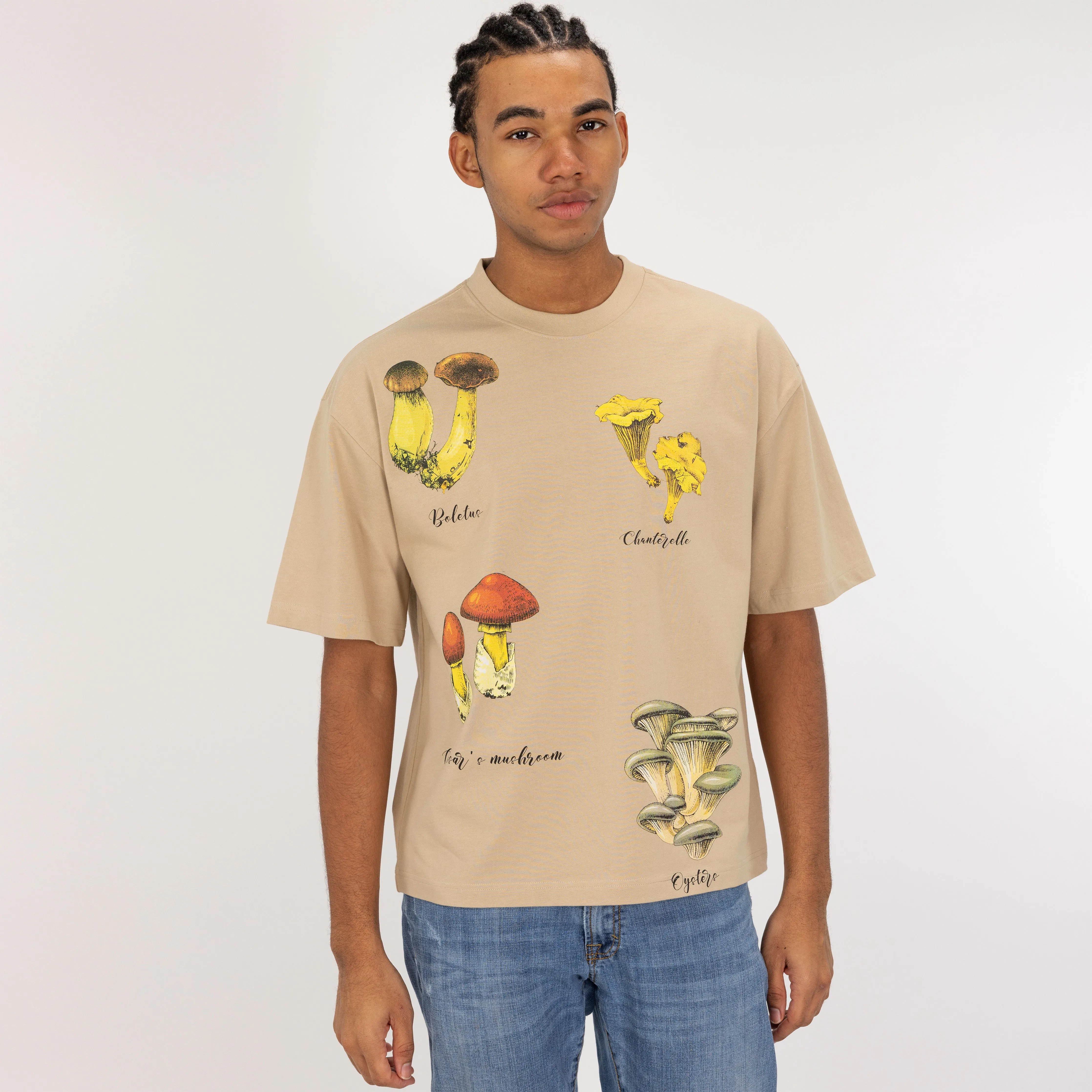 Premium Heavy Cotton Boxy Fit Discharge Print Tee - Fields of Rye / Mushroom