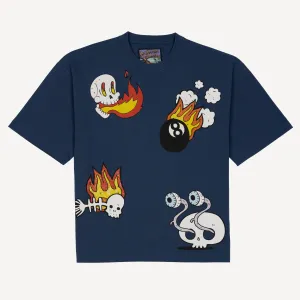 Premium Heavy Cotton Boxy Fit Discharge Print Tee - Key Largo / Flame and Skeleton