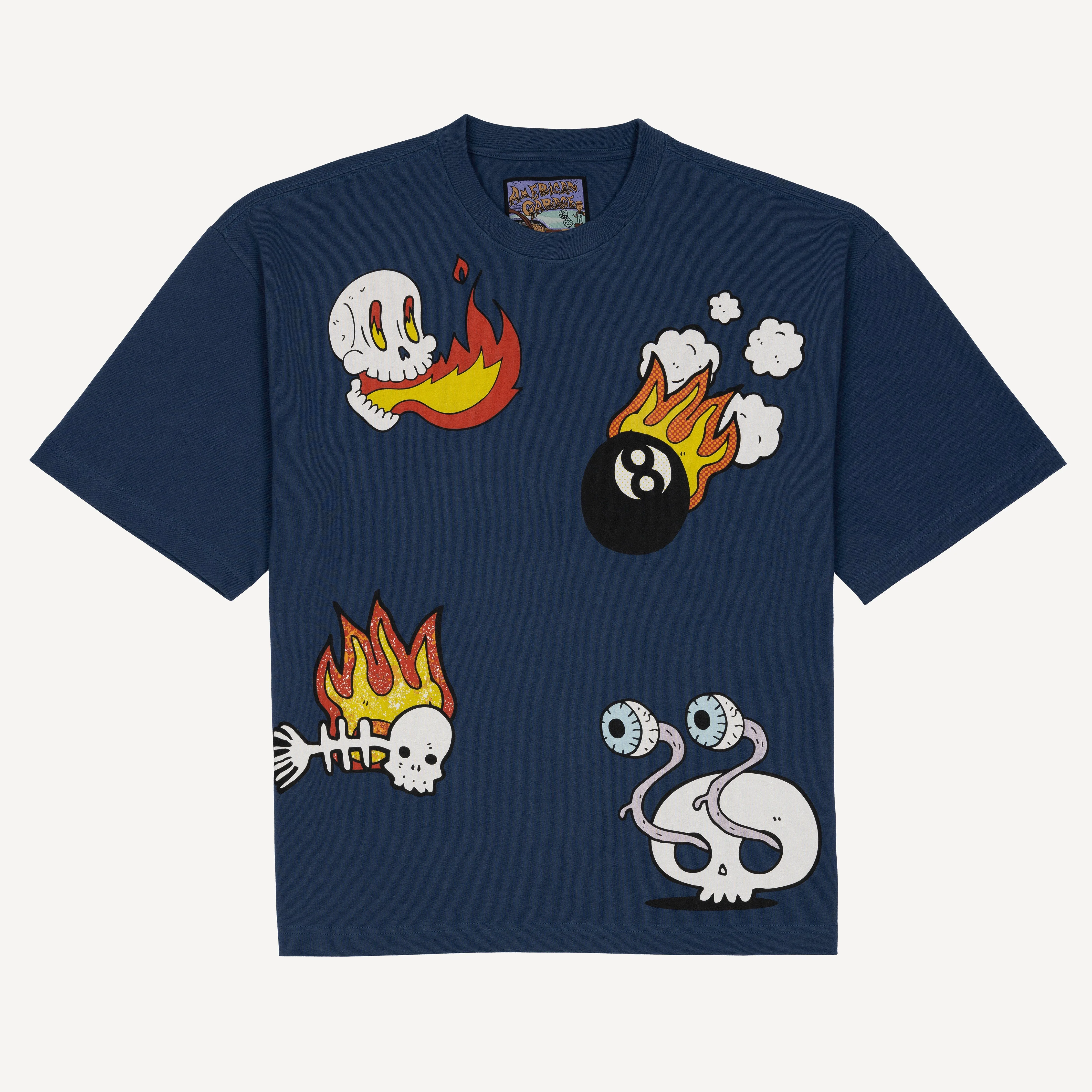 Premium Heavy Cotton Boxy Fit Discharge Print Tee - Key Largo / Flame and Skeleton