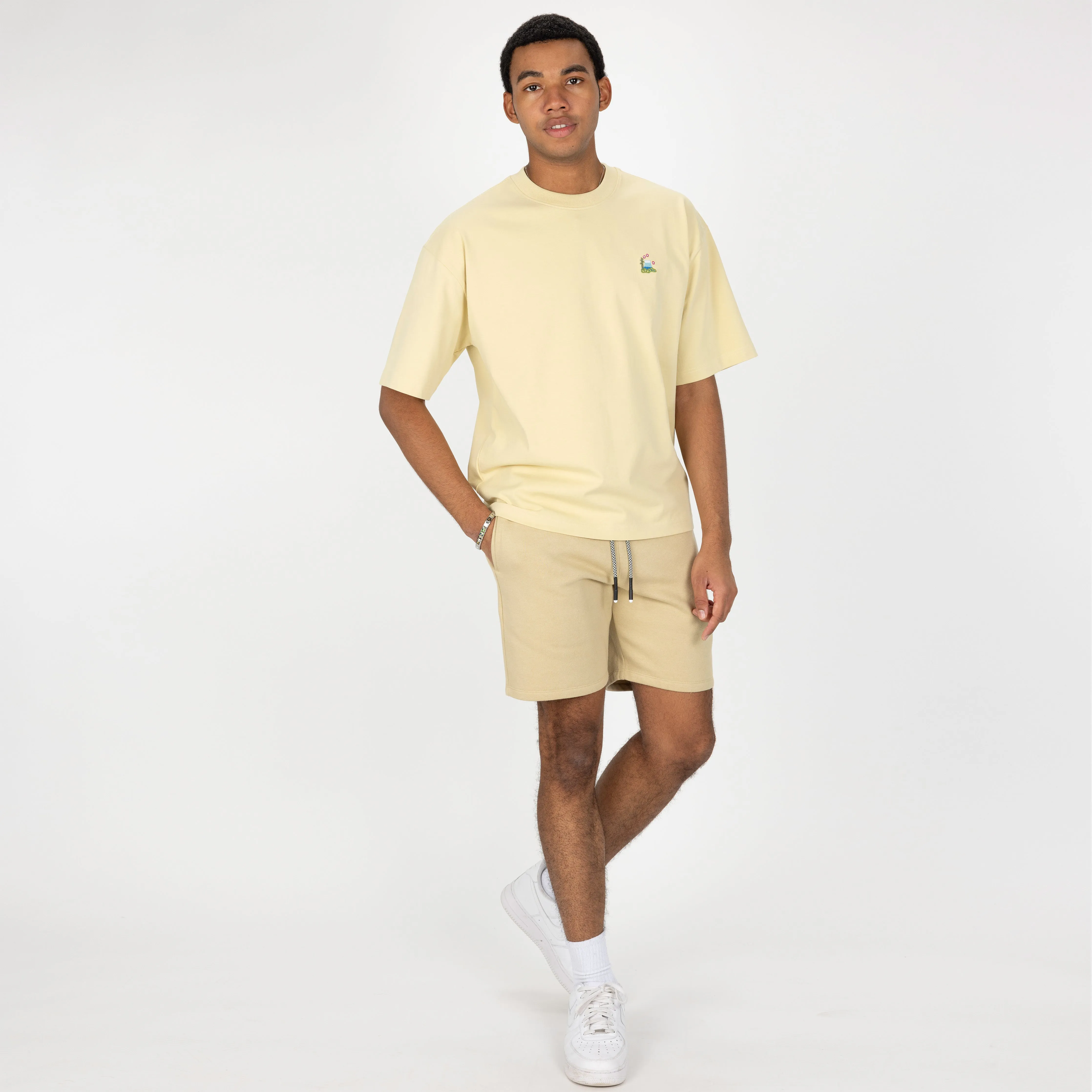 Premium Heavy Cotton Boxy Fit Embroidered Icon Tee - Chino Green / Volcano Icon