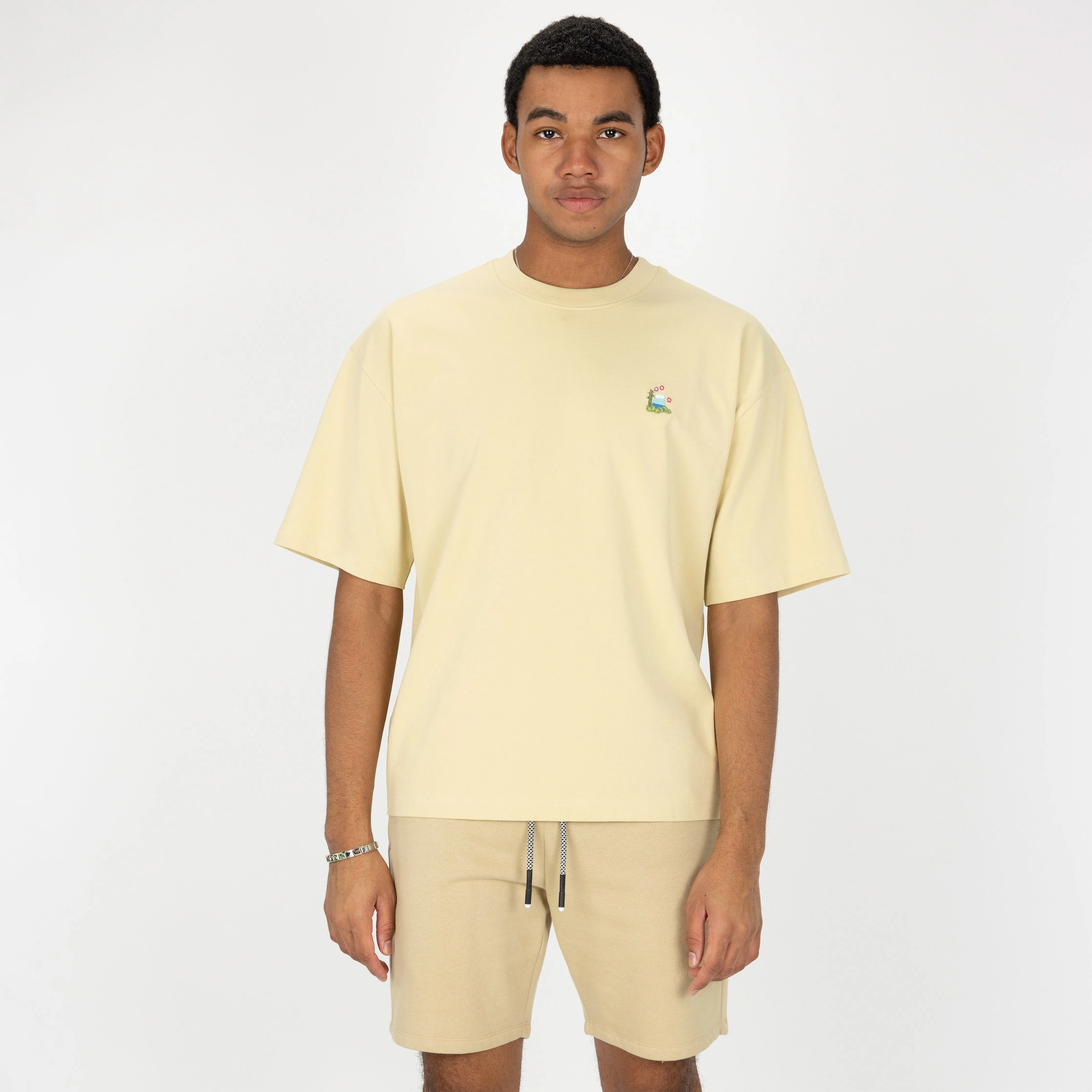 Premium Heavy Cotton Boxy Fit Embroidered Icon Tee - Chino Green / Volcano Icon
