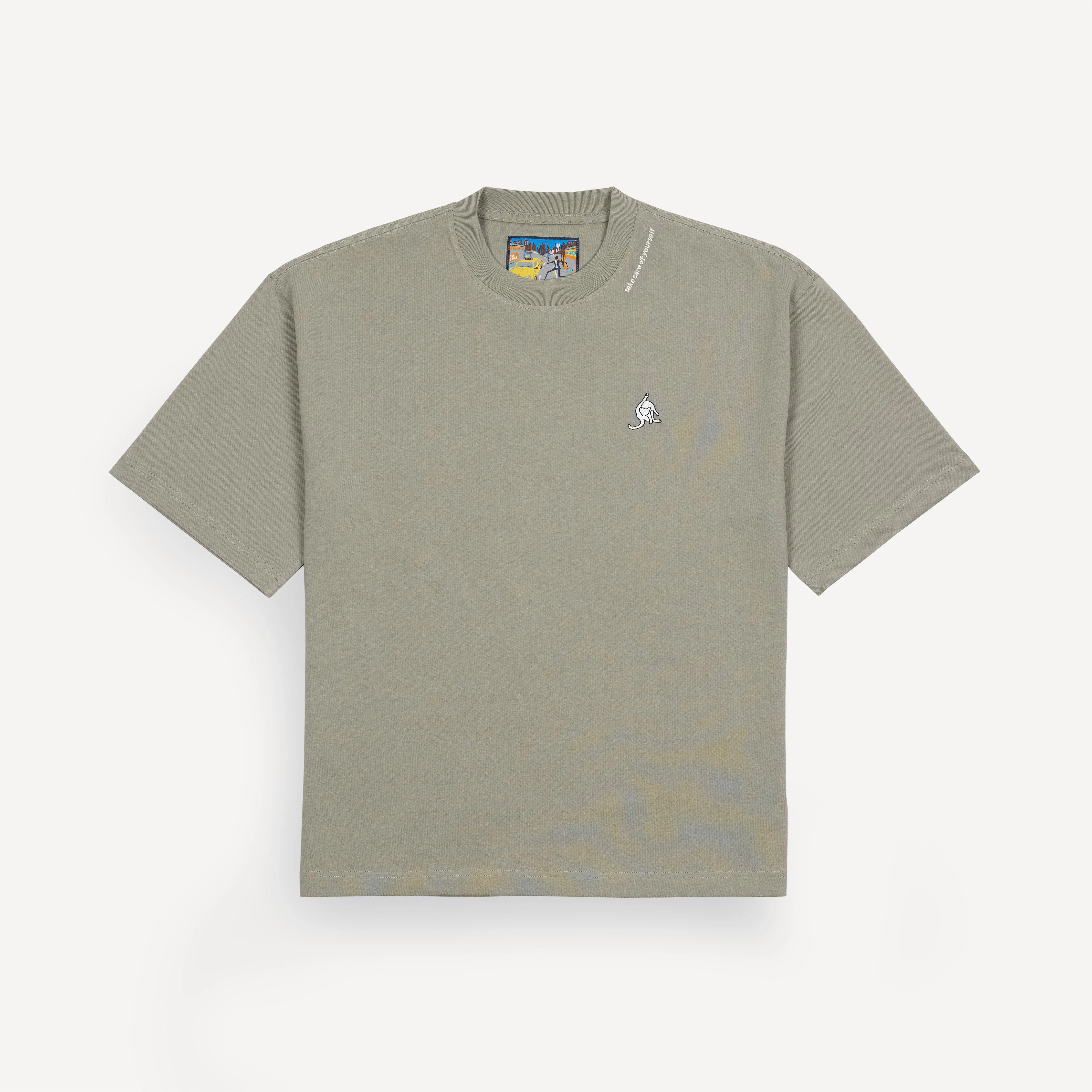 Premium Heavy Cotton Boxy Fit Embroidered Icon Tee  - Dried Sage / Cat Icon