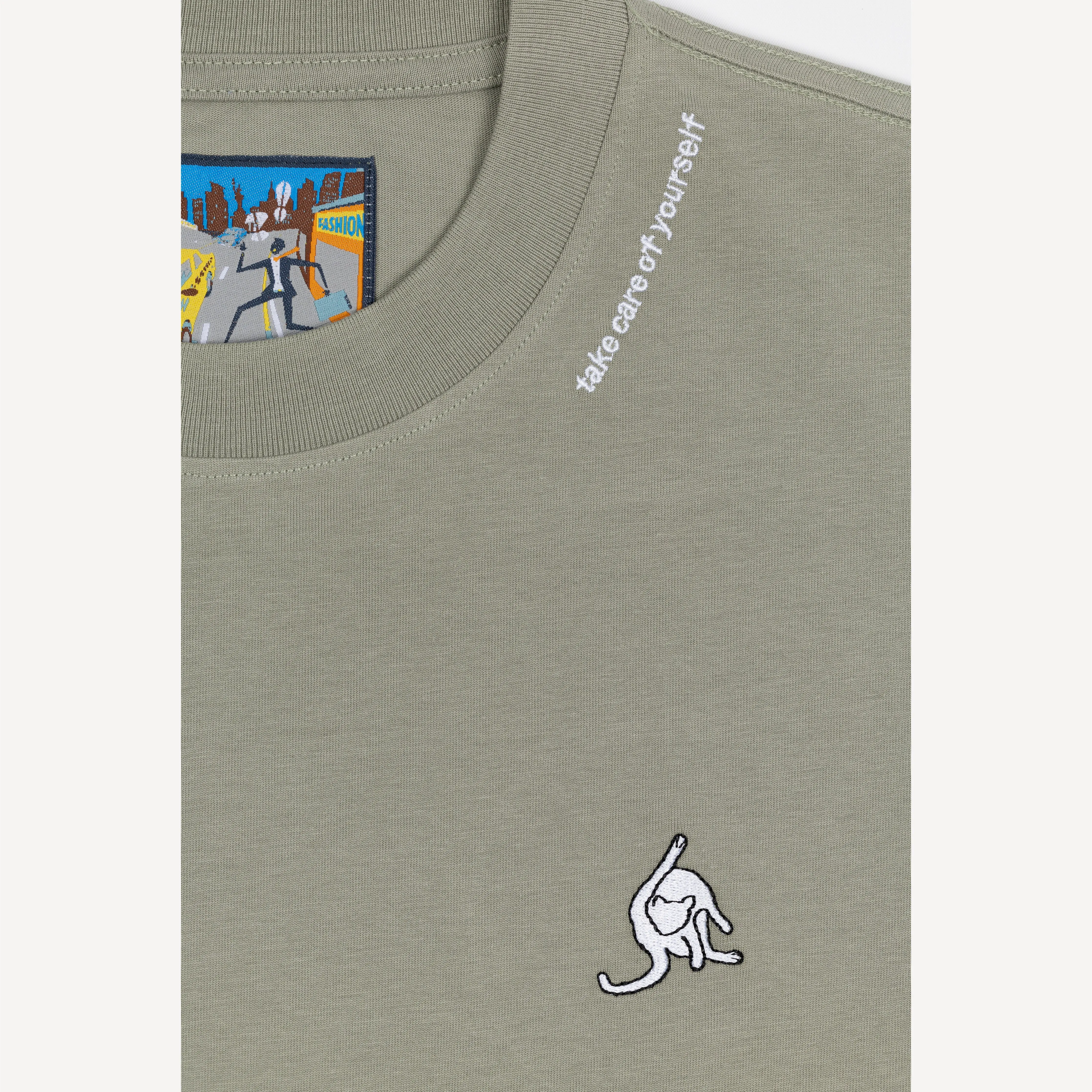 Premium Heavy Cotton Boxy Fit Embroidered Icon Tee  - Dried Sage / Cat Icon