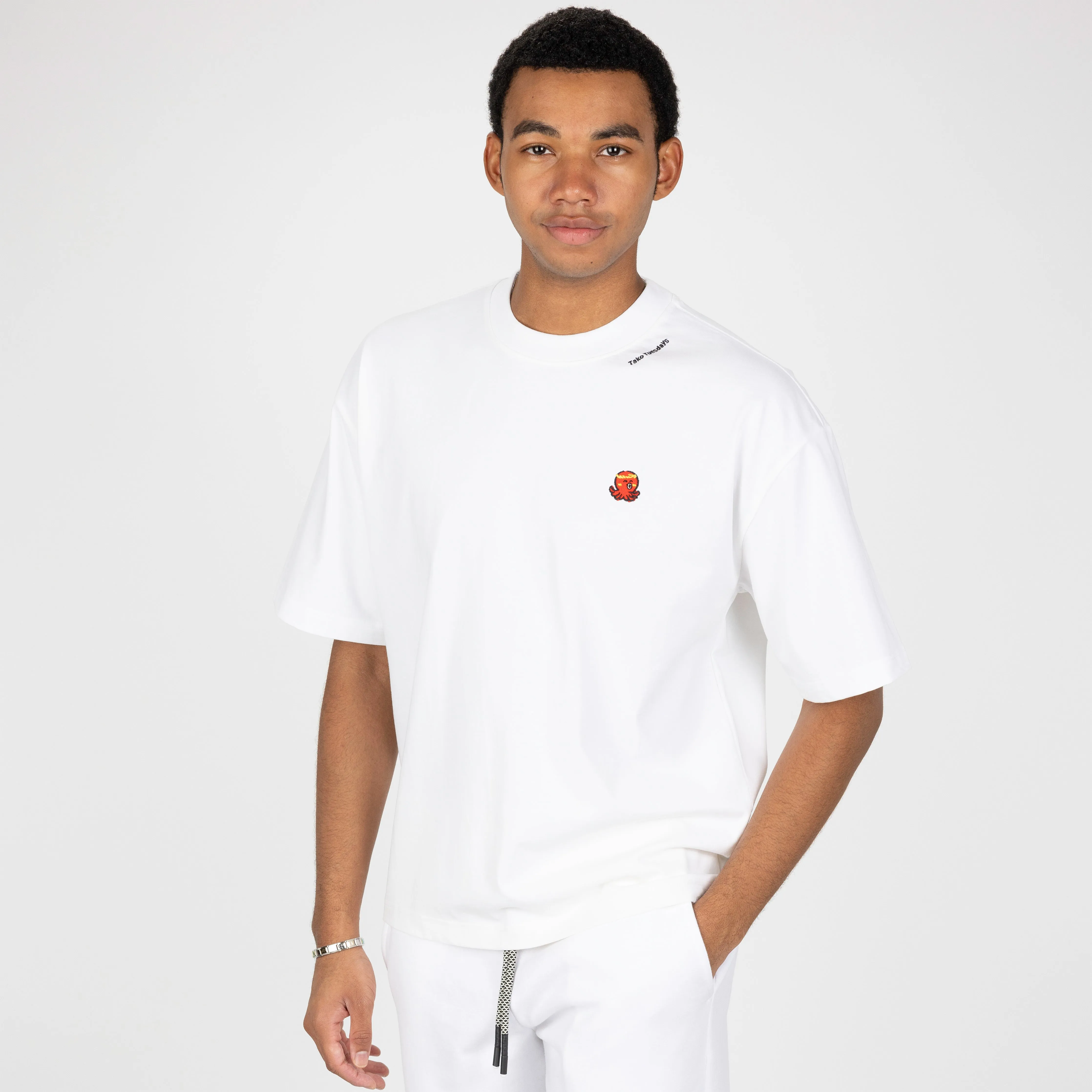 Premium Heavy Cotton Boxy Fit Embroidered Icon Tee - White / Octopus Icon