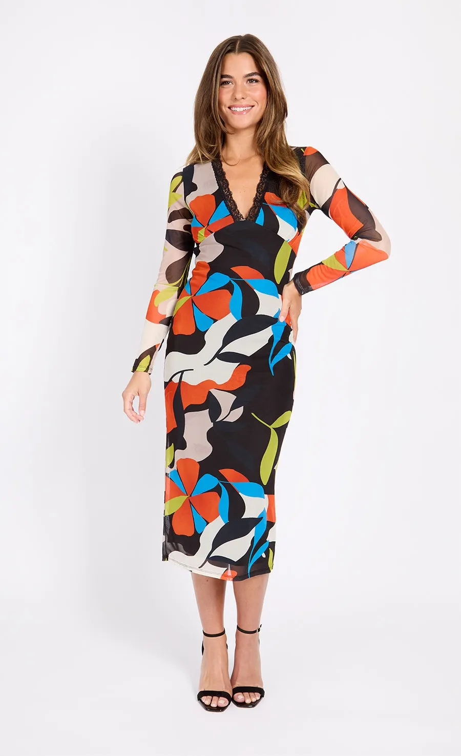 Printed Mesh Midi Dress - Multicolor