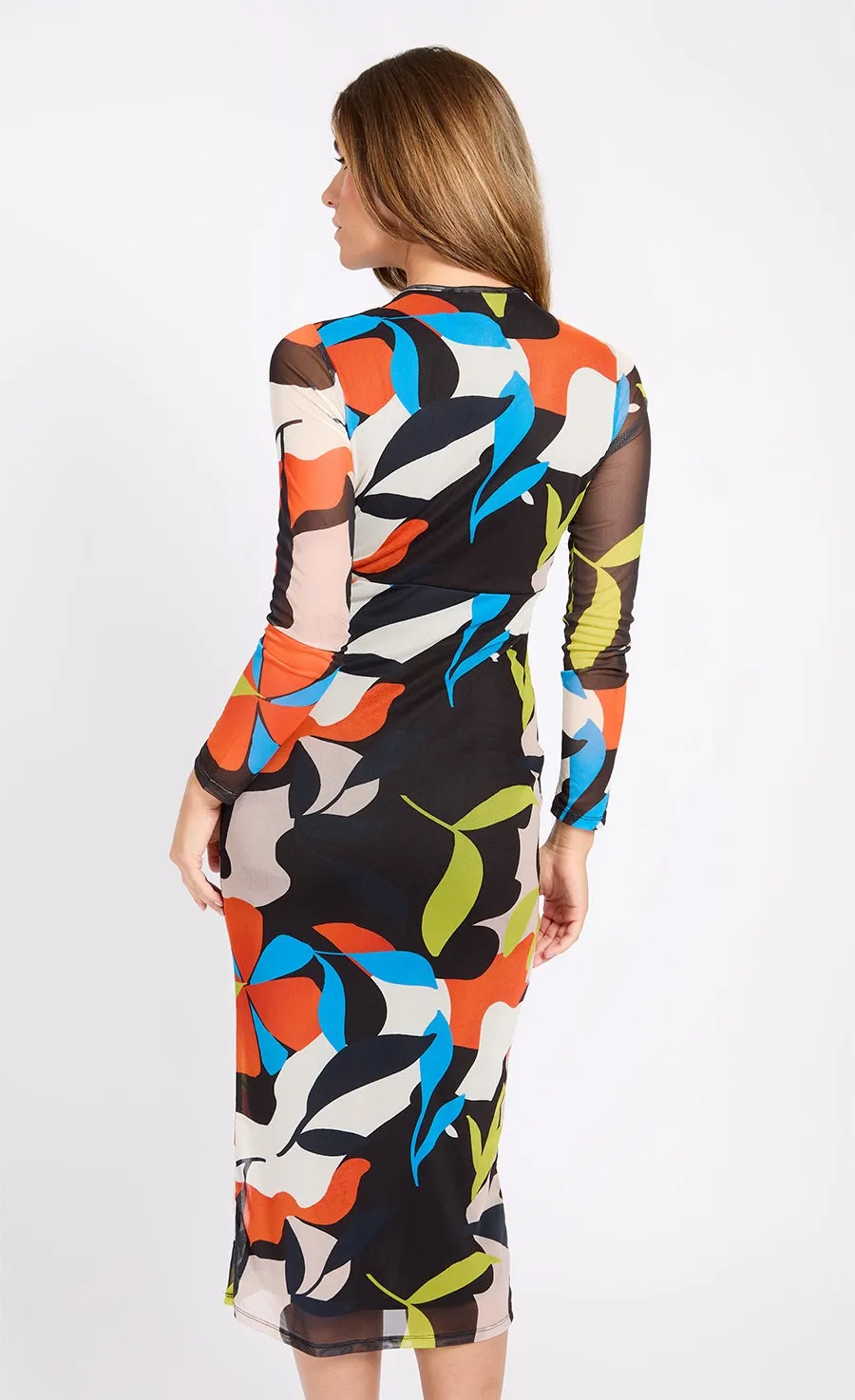Printed Mesh Midi Dress - Multicolor