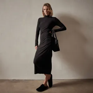 Recycled Brushed Jersey Ruched Turtleneck Dress - Black