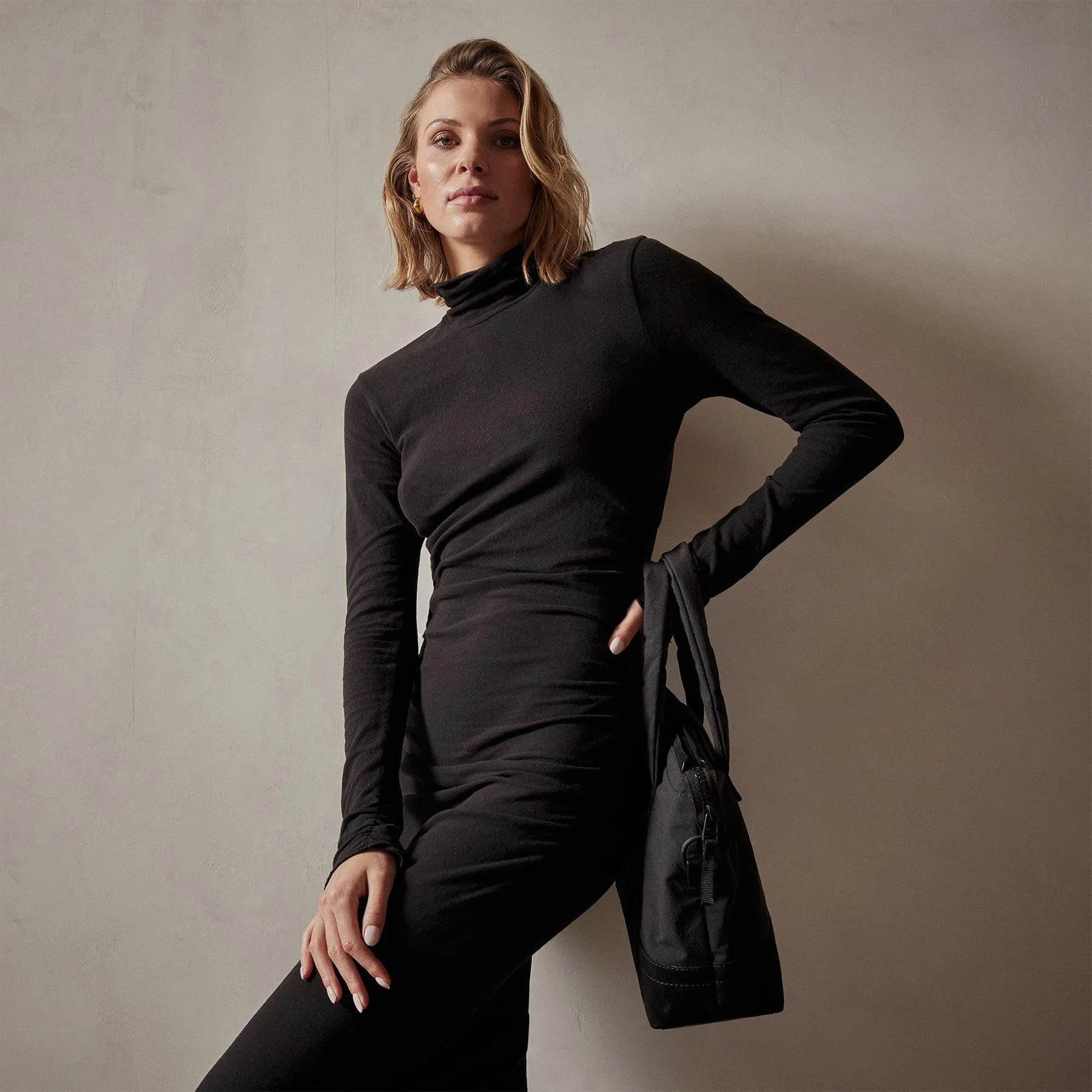 Recycled Brushed Jersey Ruched Turtleneck Dress - Black