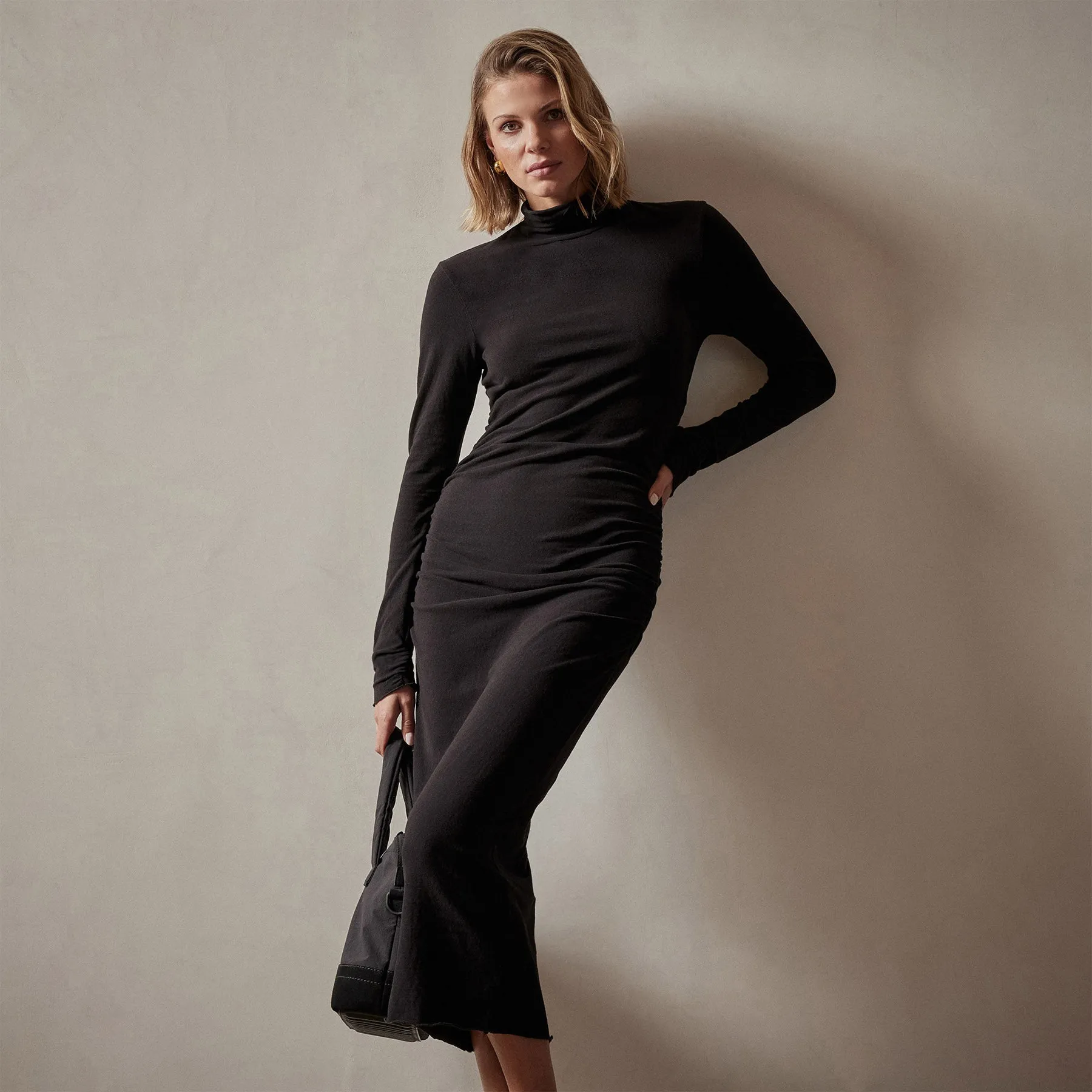 Recycled Brushed Jersey Ruched Turtleneck Dress - Black